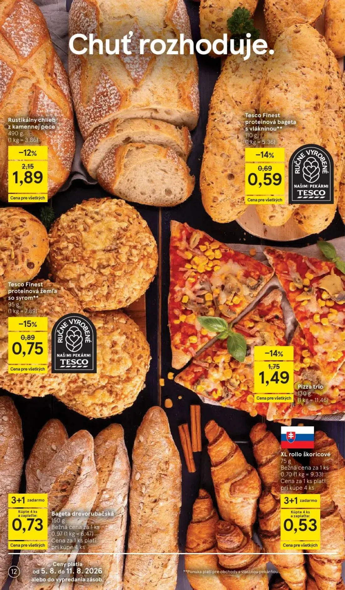 Tesco leták, strana 12 z 52 — Rustikálny chlieb z kamennej pece, XL rollo škoricové, Tesco Finest proteínová žemľa so syrom