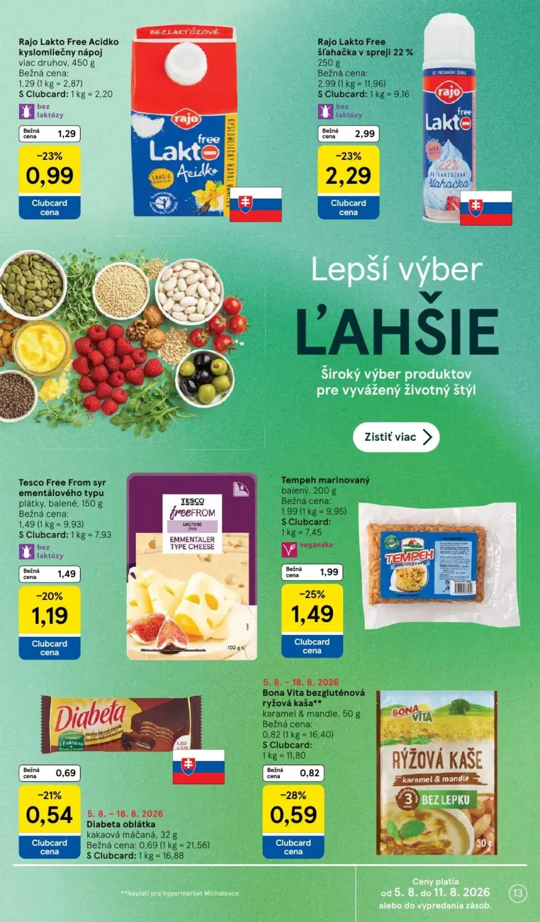 Tesco leták, strana 13 z 52 — Rajo Lakto Free šľahačka v spreji 22%, Rajo Lakto Free Acidko kyslomliečny nápoj, Tesco Free F…
