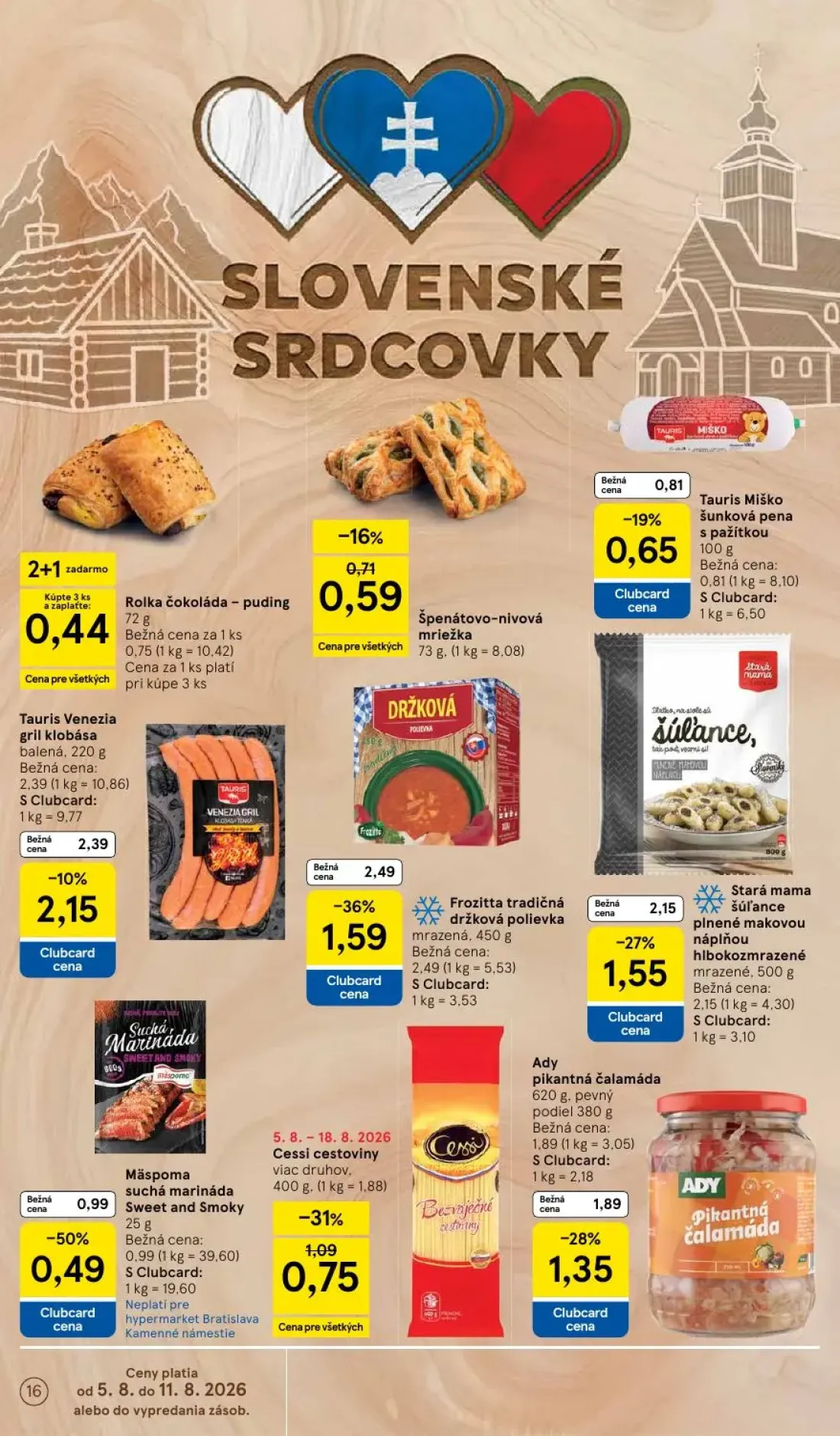 Tesco leták, strana 16 z 52 — Ady pikantná čalamáda, Mäspoma suchá marináda Sweet and Smoky, Tauris Venezia gril klobása
