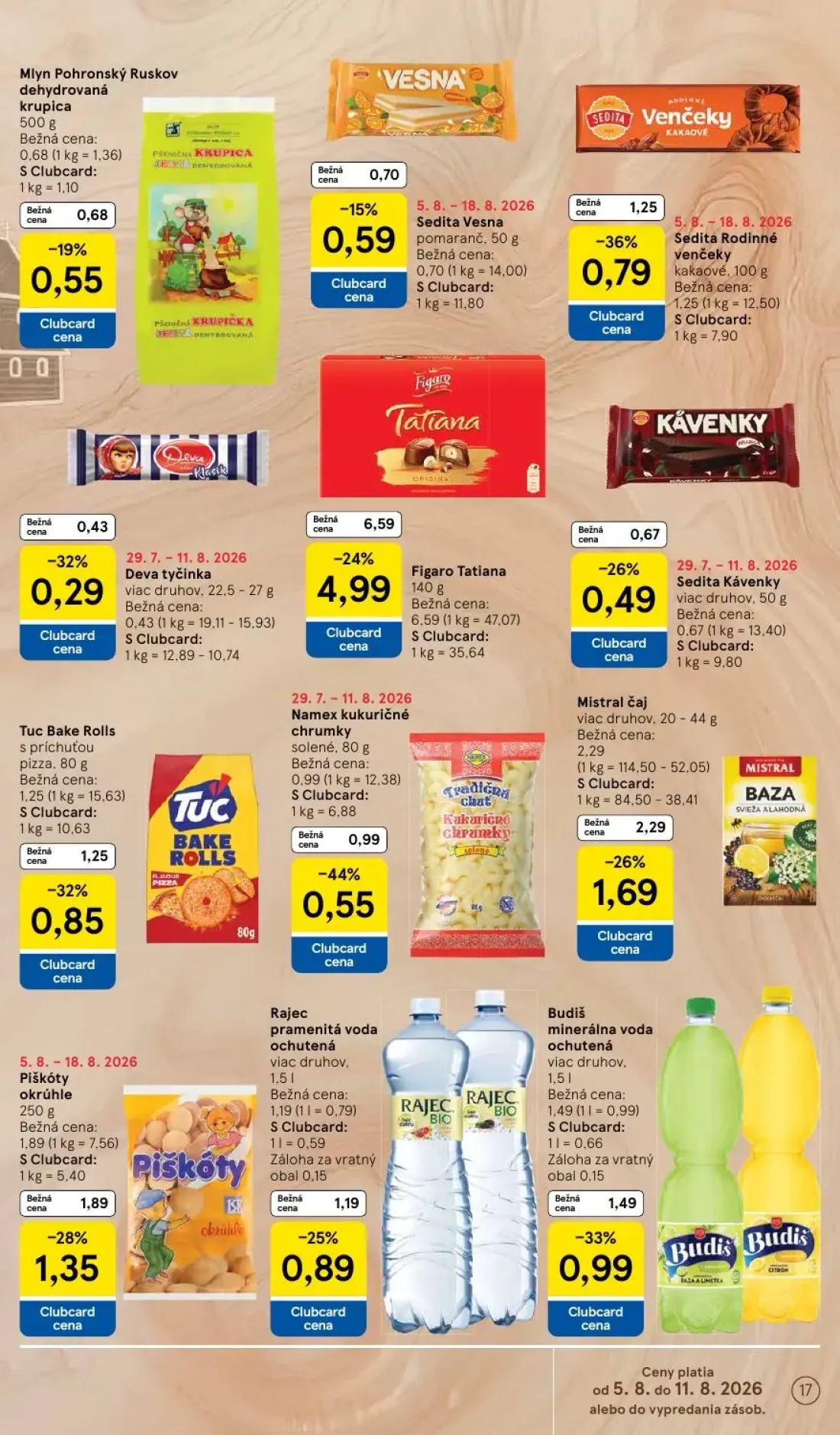 Tesco leták, strana 17 z 52 — Figaro Tatiana, Piškóty okrúhle, Budiš minerálna voda ochutená