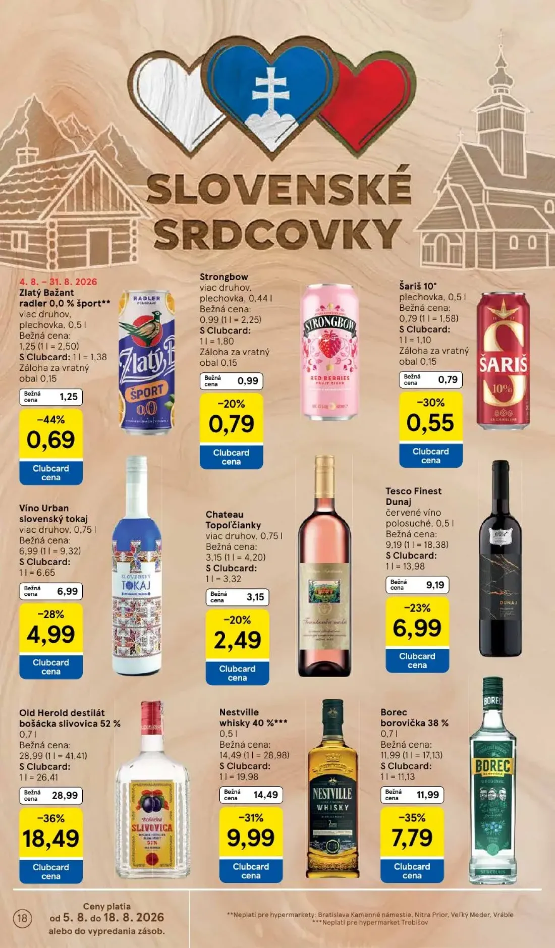 Tesco leták, strana 18 z 52 — Old Herold destilát bošácka slivovica 52%, Nestville whisky 40%***, Borec borovička 38%