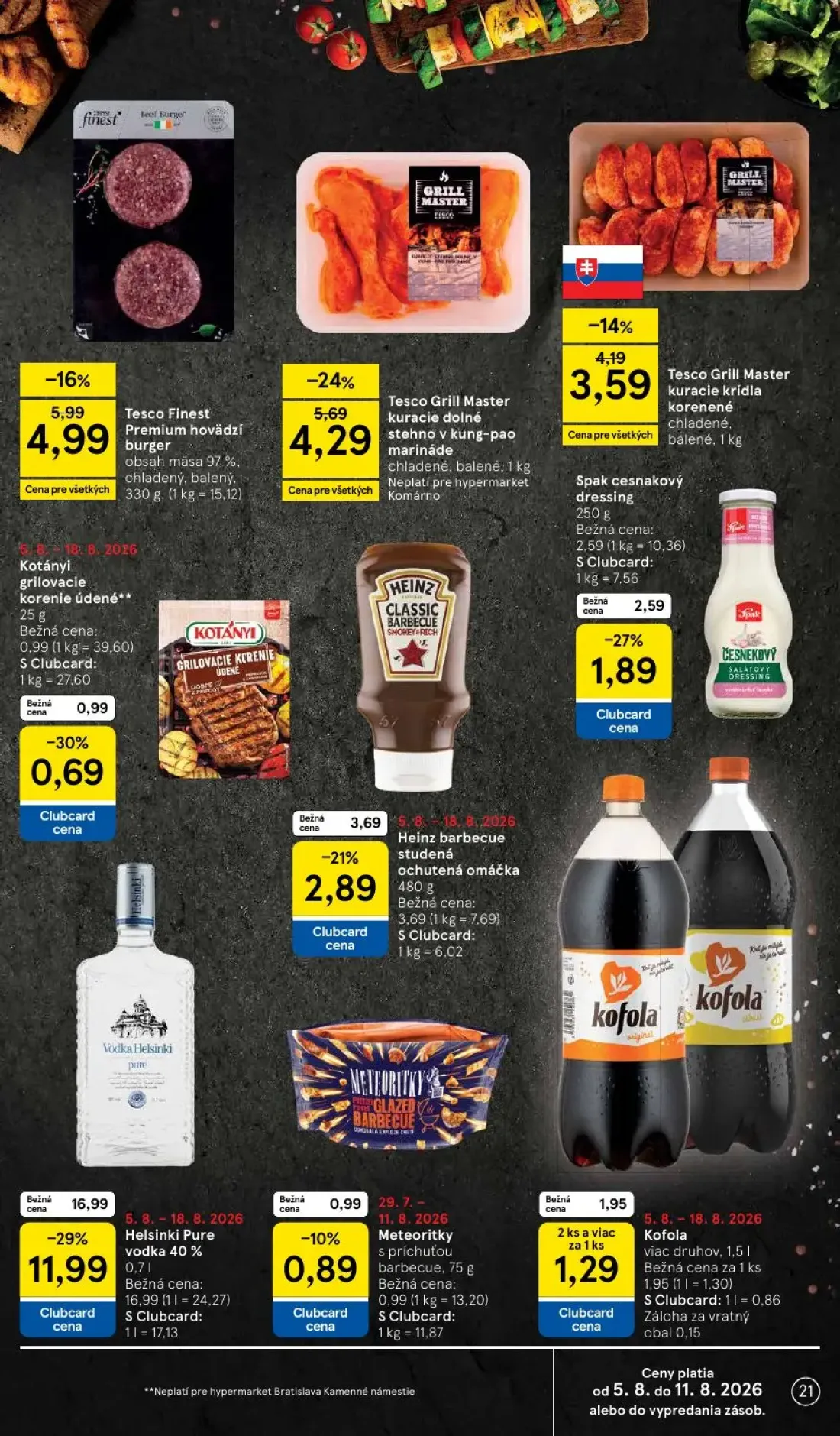Tesco leták, strana 21 z 52 — Helsinki Pure vodka 40%, Tesco Grill Master kuracie dolné stehno v kung-pao marináde, Heinz ba…