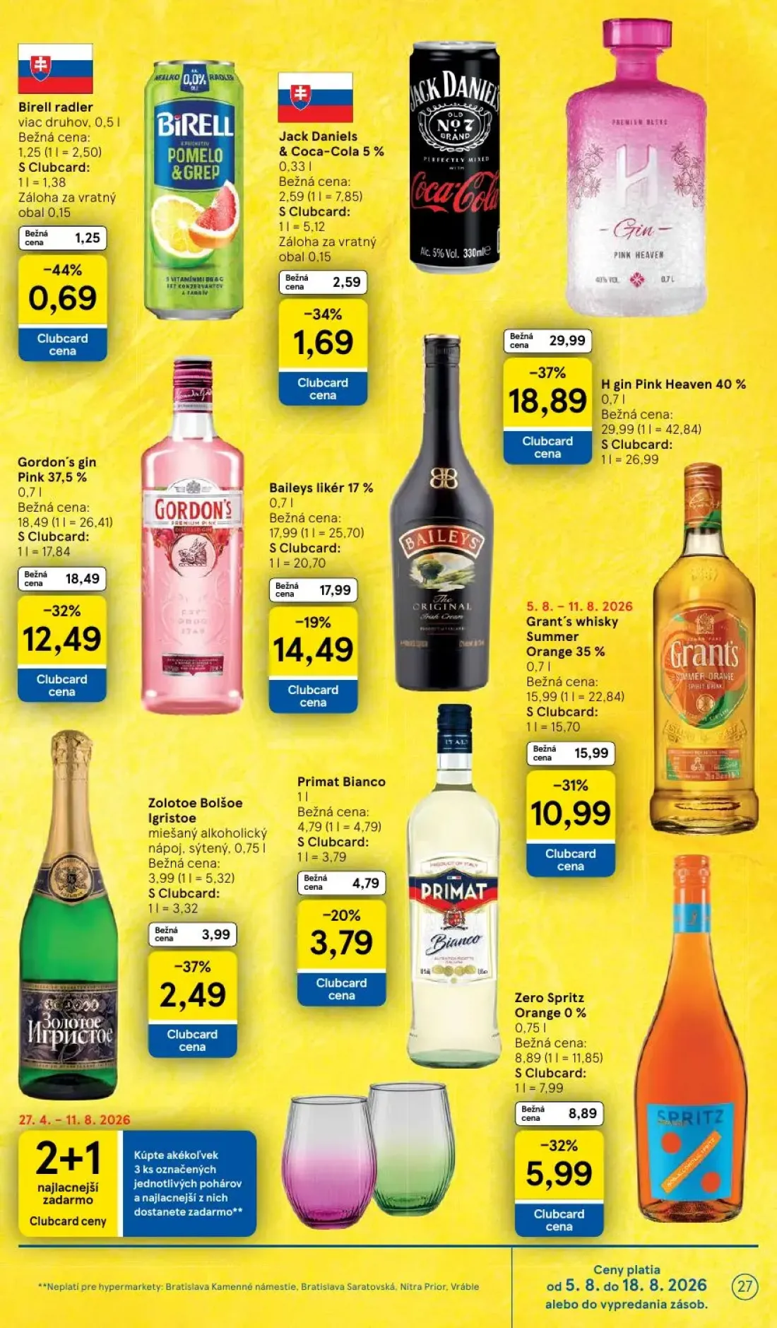 Tesco leták, strana 27 z 52 — H gin Pink Heaven, Gordon's gin Pink, Grant's whisky Summer Orange
