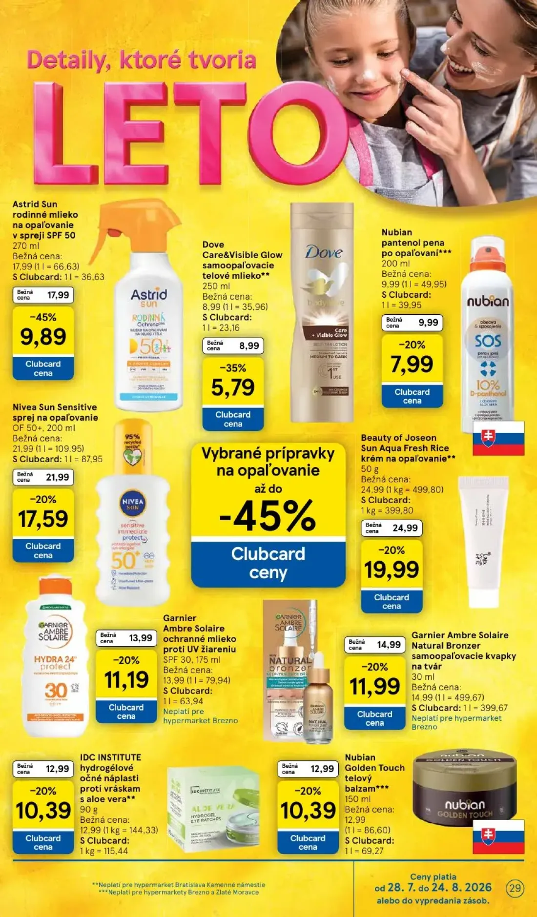 Tesco leták, strana 29 z 52 — Astrid Sun rodinné mlieko na opaľovanie v spreji SPF 50, Beauty of Joseon Sun Aqua Fresh Rice …
