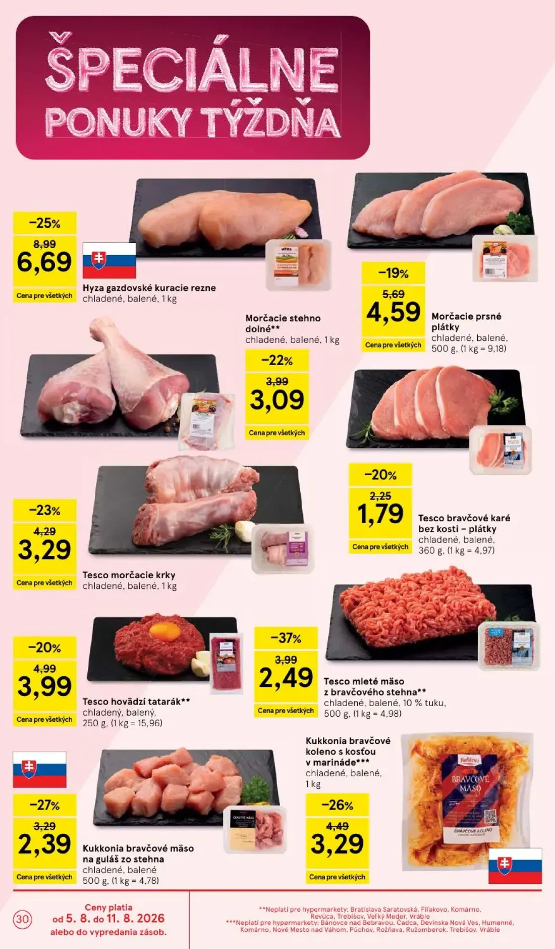 Tesco leták, strana 30 z 52 — Hyza gazdovské kuracie rezne, Tesco mleté mäso z bravčového stehna**, Kukkonia bravčové koleno…