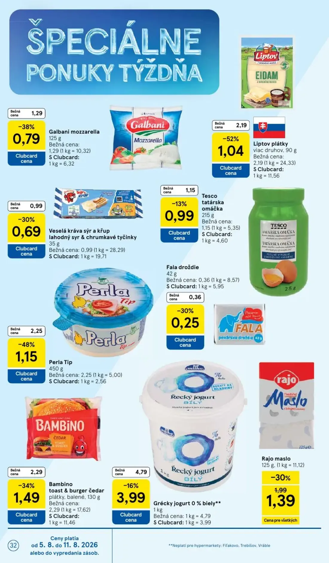 Tesco leták, strana 32 z 52 — Liptov plátky viac druhov, Perla Tip, Bambino toast & burger čedar plátky, balené