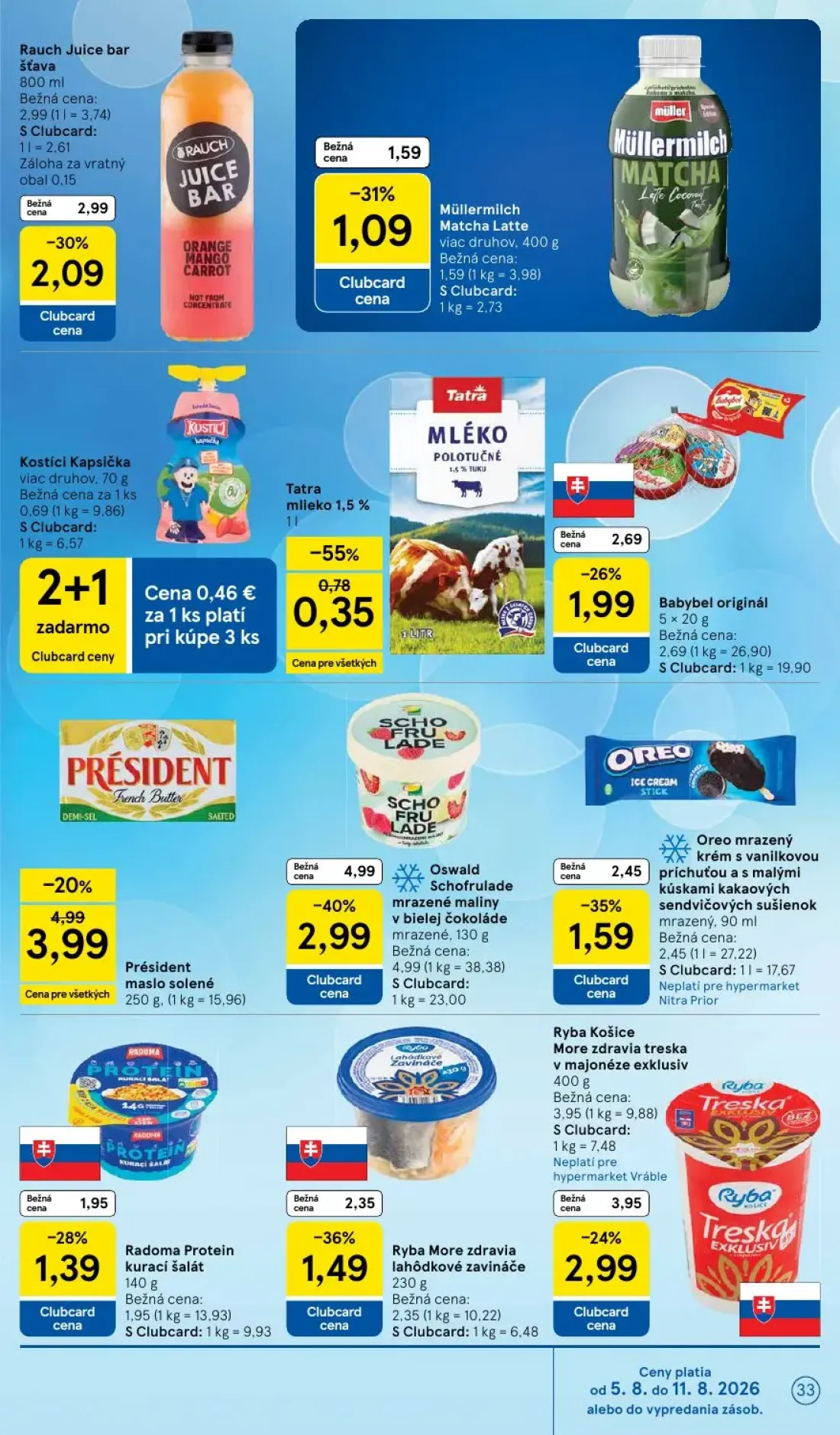 Tesco leták, strana 33 z 52 — Président maslo solené, Rauch Juice bar šťava, Babybel originál