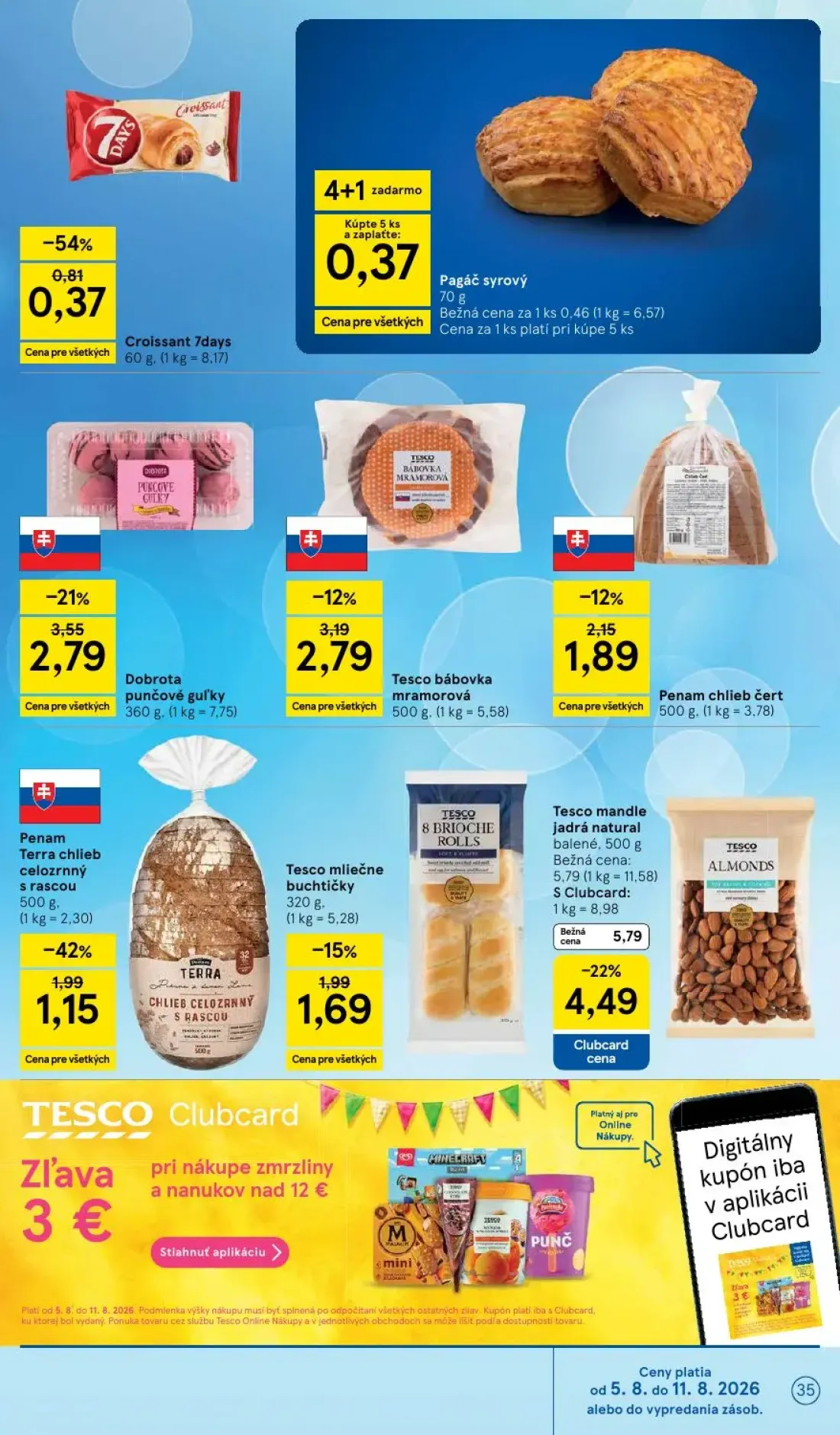 Tesco leták, strana 35 z 52 — Penam Terra chlieb celozrnný s rascou, Dobrota punčové guľky, Croissant 7days