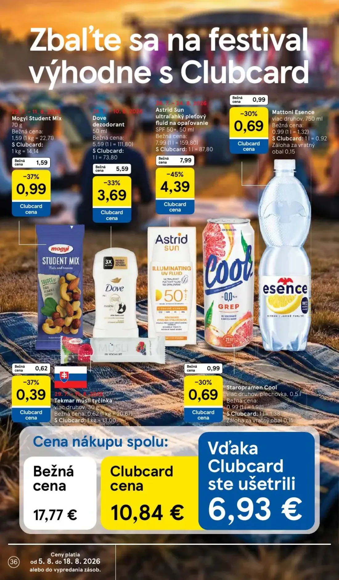 Tesco leták, strana 36 z 52 — Astrid Sun ultraľahký pleťový fluid na opaľovanie SPF 50+, Mattoni Esence