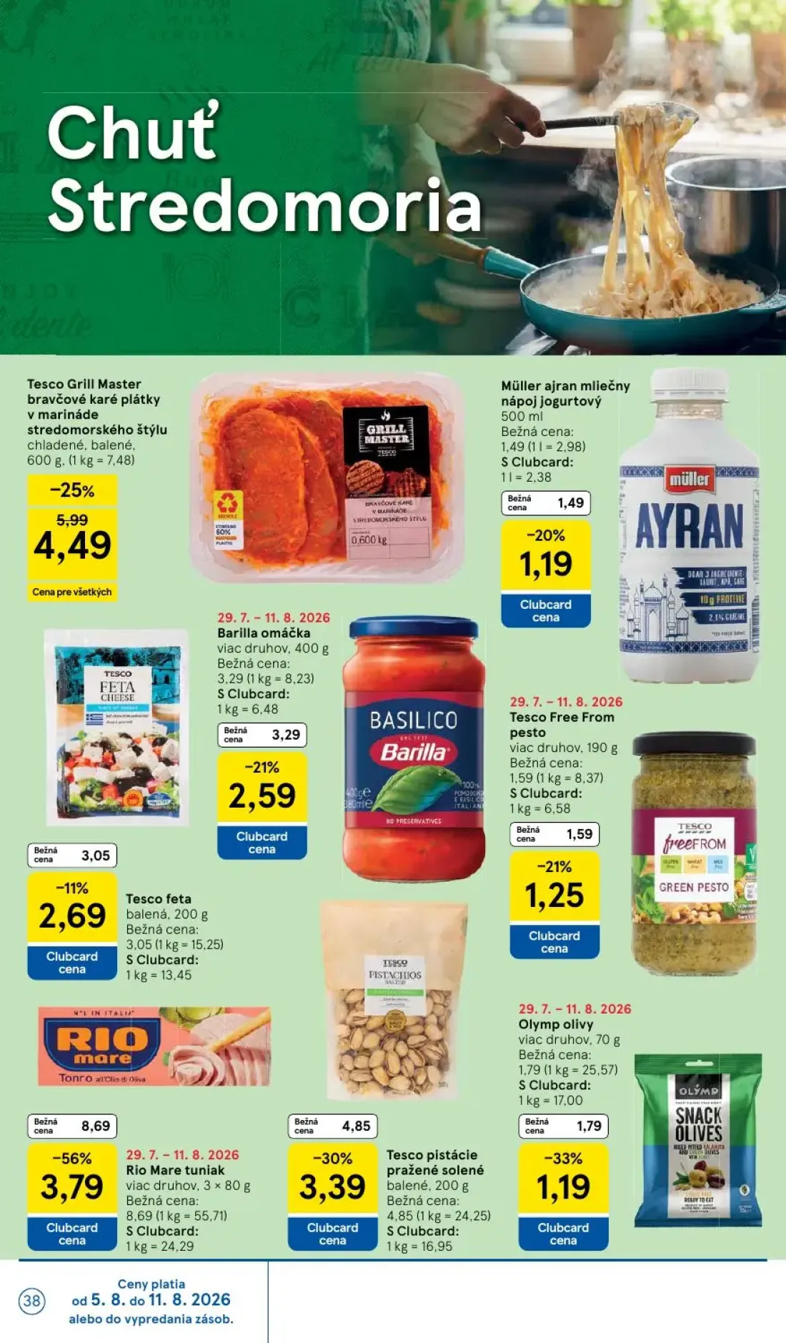 Tesco leták, strana 38 z 52 — Rio Mare tuniak, Tesco Grill Master bravčové karé plátky v marináde stredomorského štýlu, Müll…