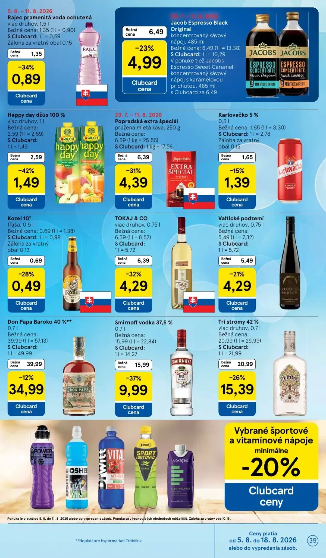 Tesco leták, strana 39 z 52 — Smirnoff vodka 37,5%, Tri stromy 42%, Don Papa Baroko 40%**