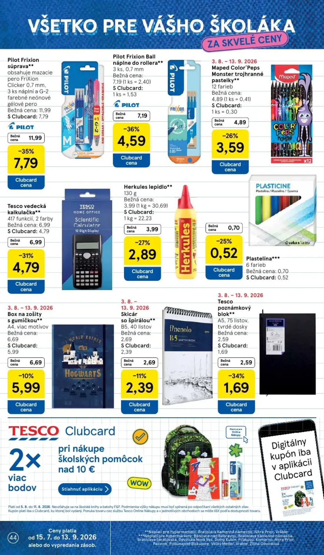 Tesco leták, strana 44 z 52 — Pilot Frixion súprava, Pilot Frixion Ball náplne do rollera, Tesco vedecká kalkulačka