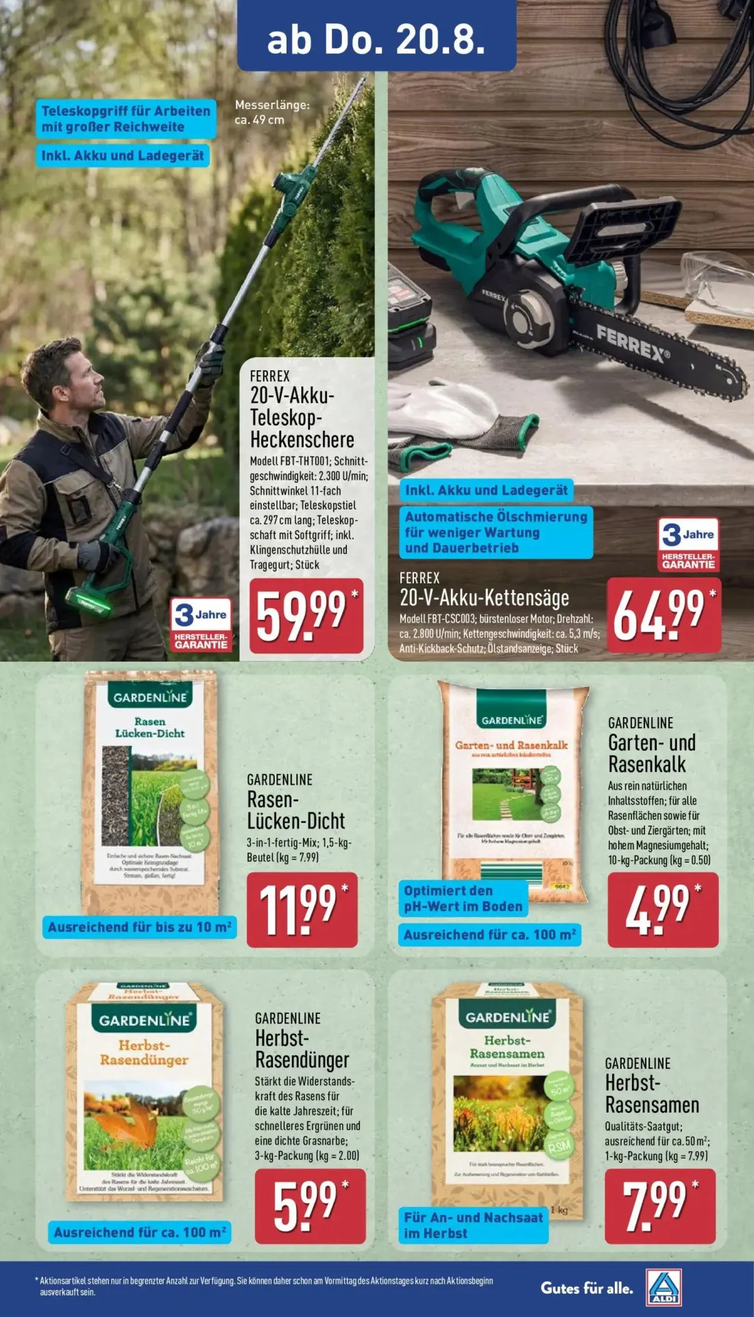 Aldi Nord Prospekt, Seite 10 von 14 — 20-V-Akku-Teleskop-Heckenschere, 20-V-Akku-Kettensäge, Rasen-Lücken-Dicht
