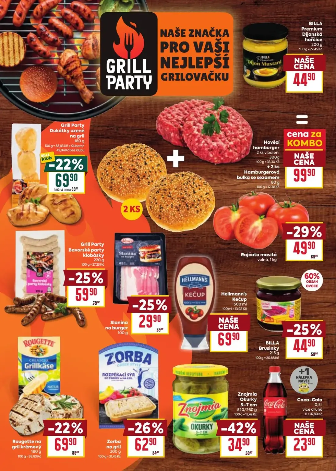 Billa leták, strana 18 z 33 — Grill Party Dukátky uzené na gril, Rajčata masitá volná, Grill Party Bavorské party klobásky