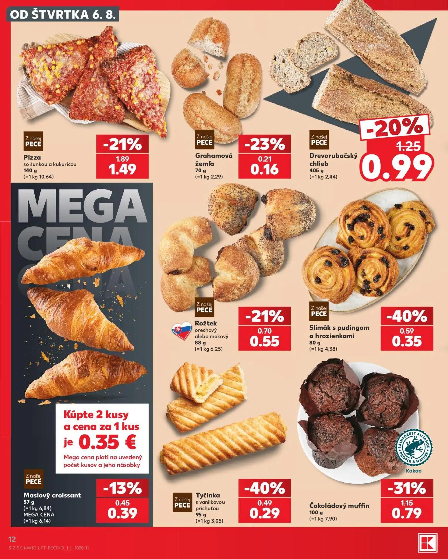Kaufland leták, strana 12 z 78 — Čokoládový muffin, Drevorubačský chlieb, Slimák s pudingom a hrozienkami