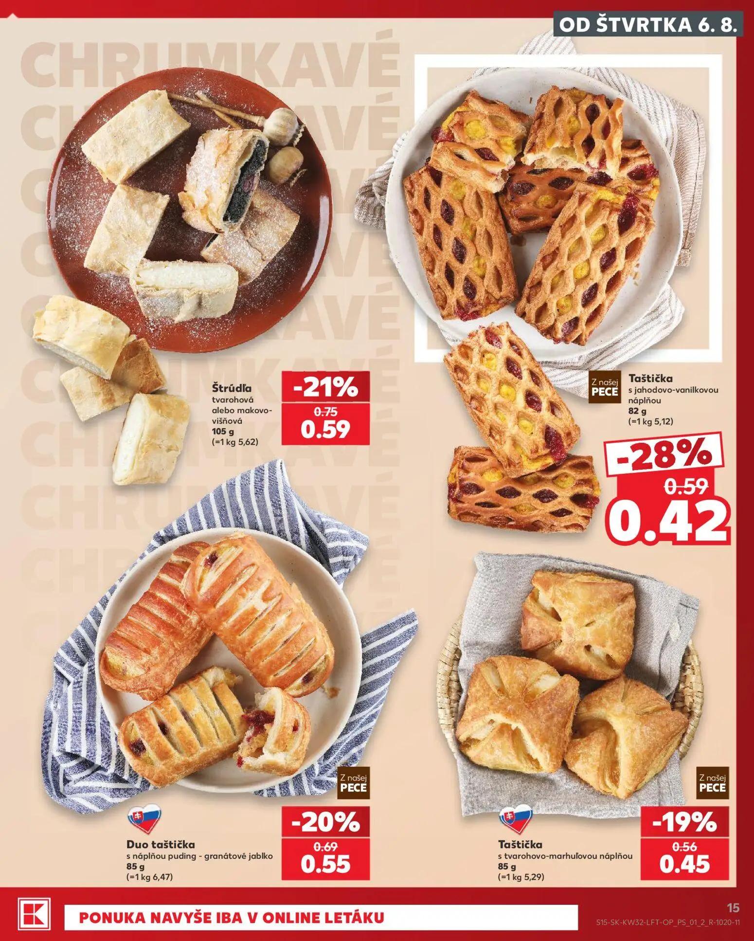 Kaufland leták, strana 15 z 78 — Taštička s jahodovo-vanilkovou náplňou, Štrúdľa tvarohová alebo makovo-višňová, Duo taštičk…