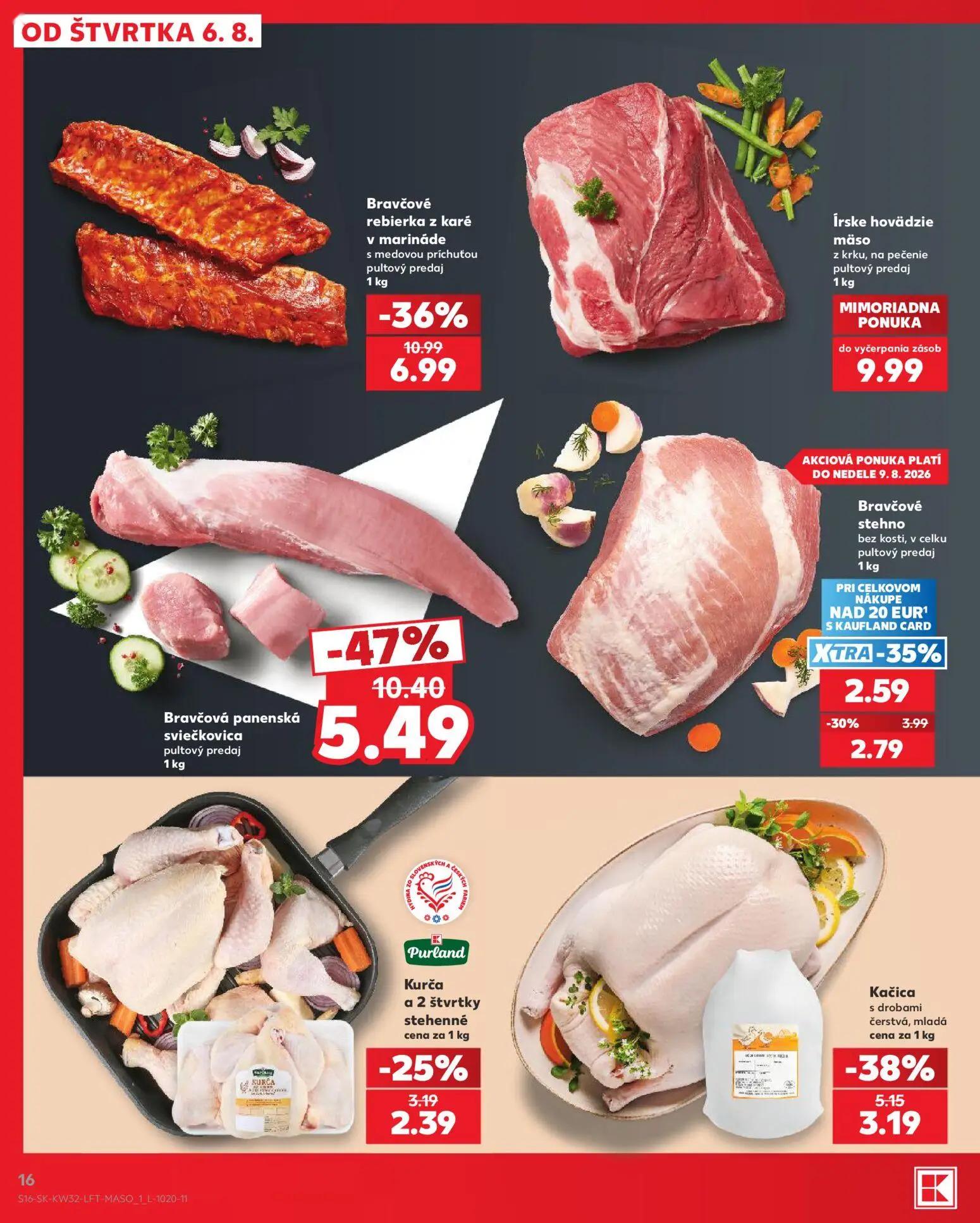 Kaufland leták, strana 16 z 78 — Bravčová panenská sviečkovica, Bravčové rebierka z karé v marináde, Kačica s drobami