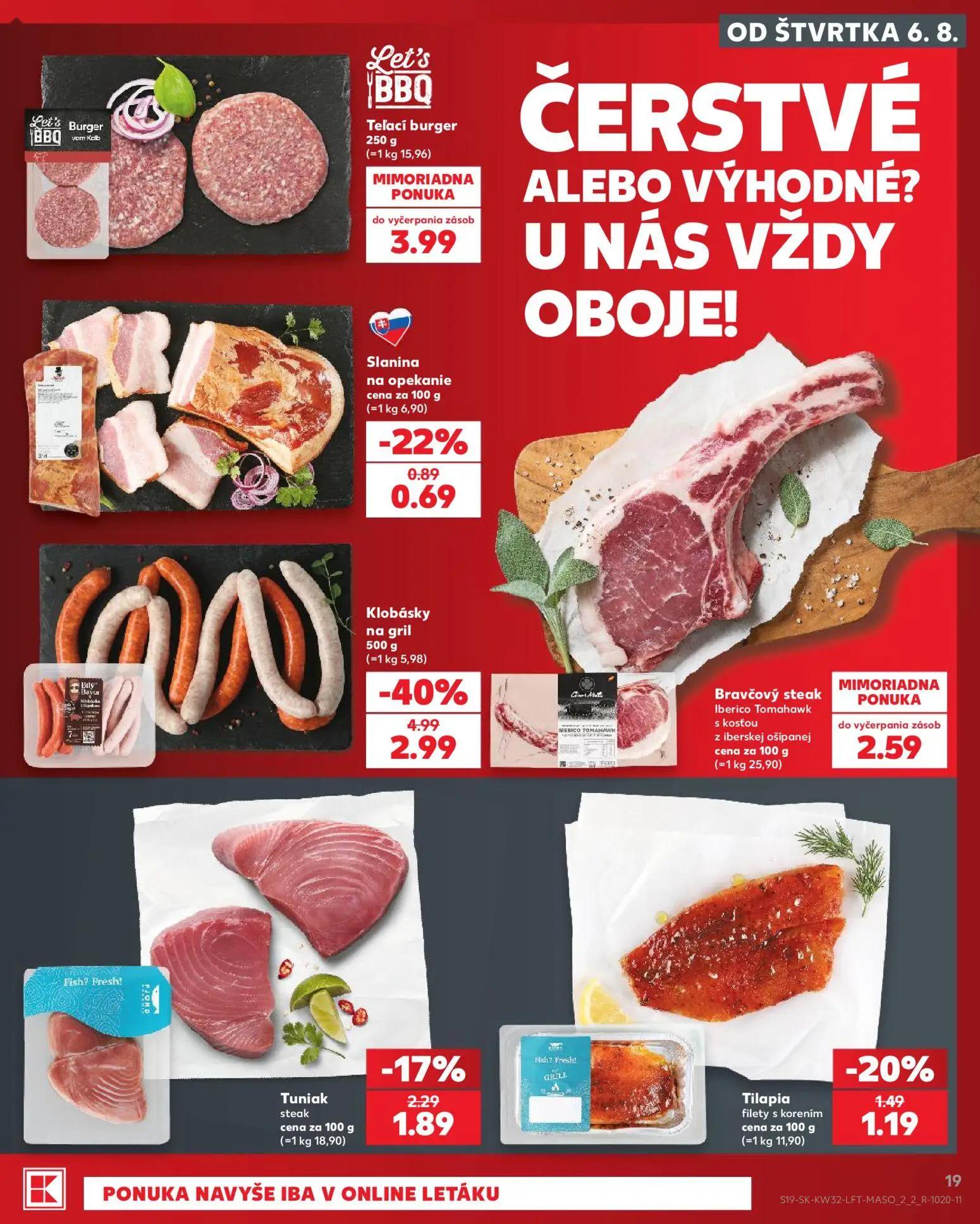 Kaufland leták, strana 19 z 78 — Klobásky na gril, Tuniak steak, Tilapia filety s korením