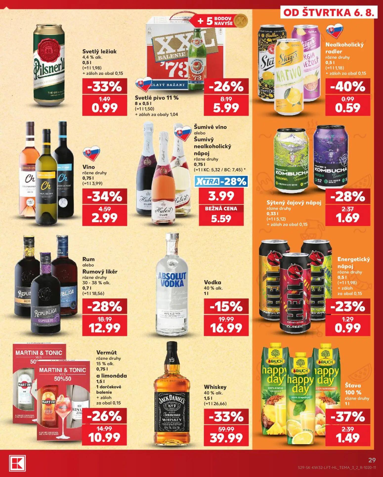 Kaufland leták, strana 29 z 78 — Svetlé pivo 11%, Šťava 100%, Sýtený čajový nápoj