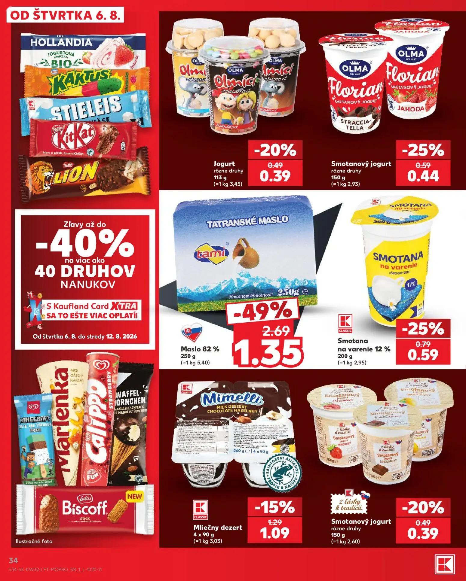 Kaufland leták, strana 34 z 78 — Maslo 82 %, Smotana na varenie 12%, Smotanový jogurt