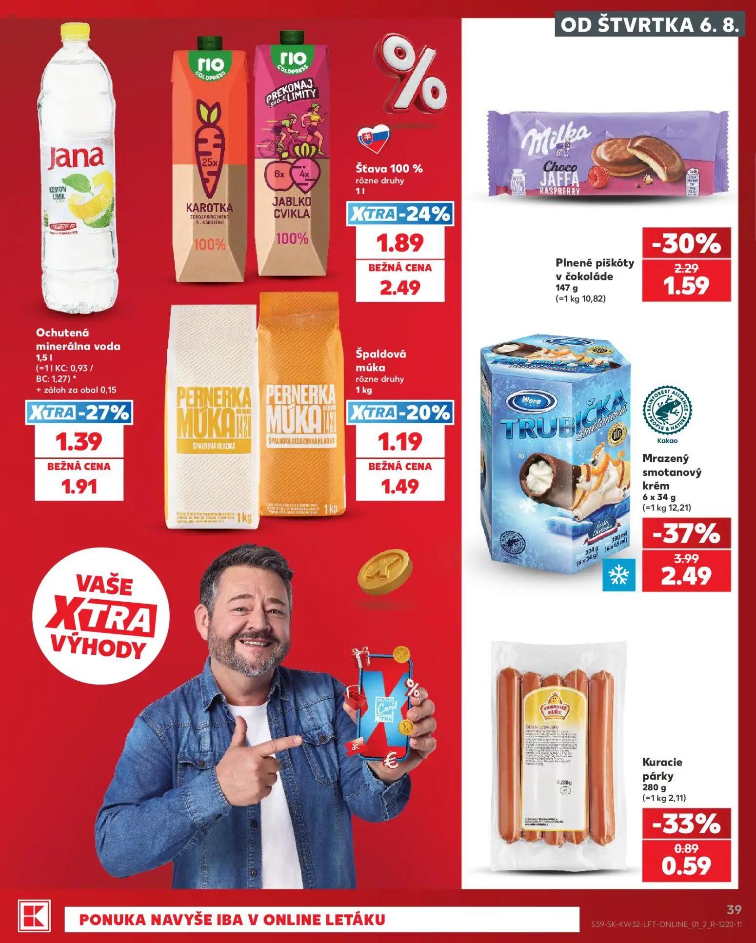 Kaufland leták, strana 39 z 78 — Mrazený smotanový krém Trubička, Milka Choco Jaffa Raspberry, Šťava Rio 100% Karotka / Jabl…