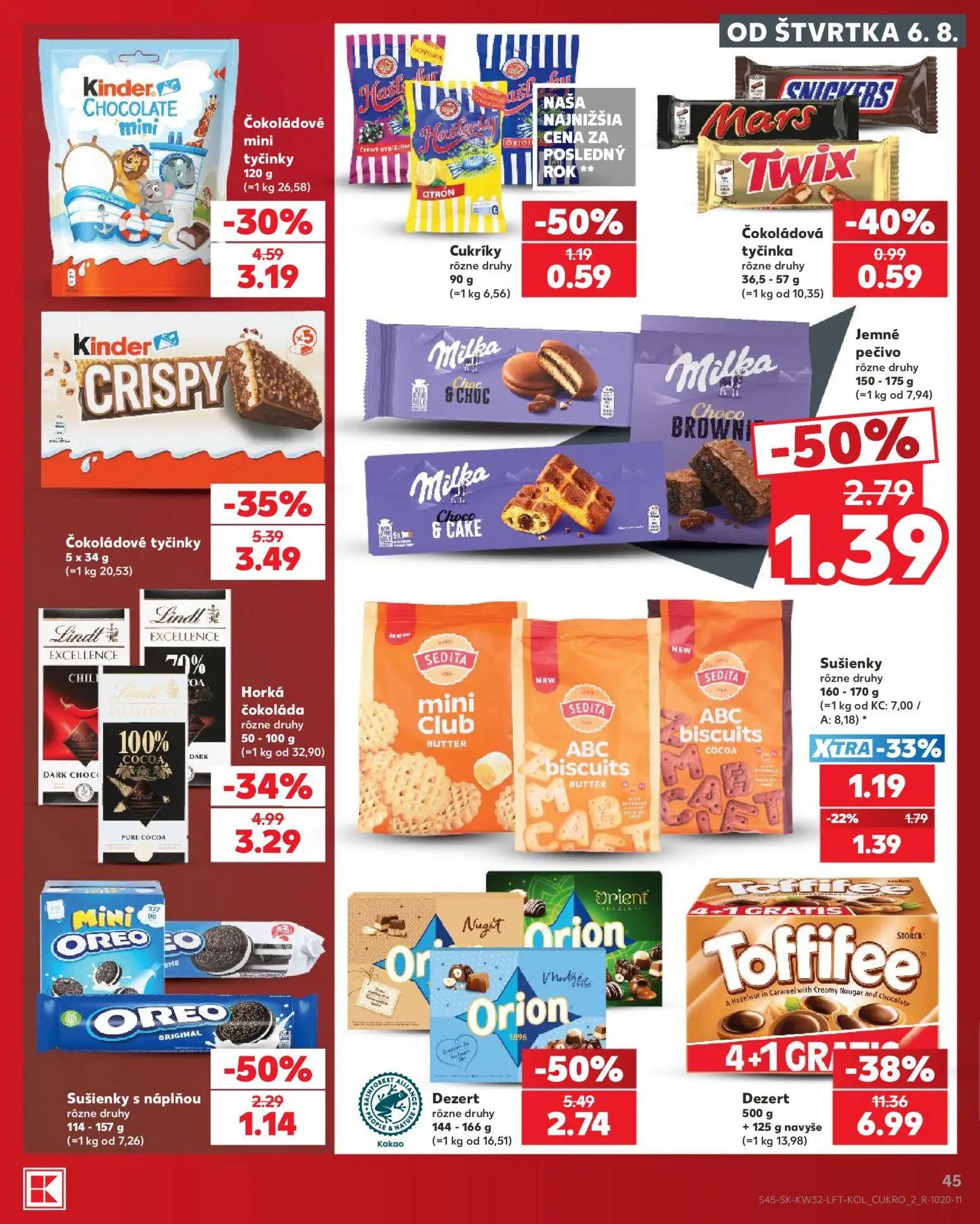Kaufland leták, strana 45 z 78 — Dezert Toffifee, Dezert Orion Nugát, Orion, Čokoládové tyčinky Kinder Crispy