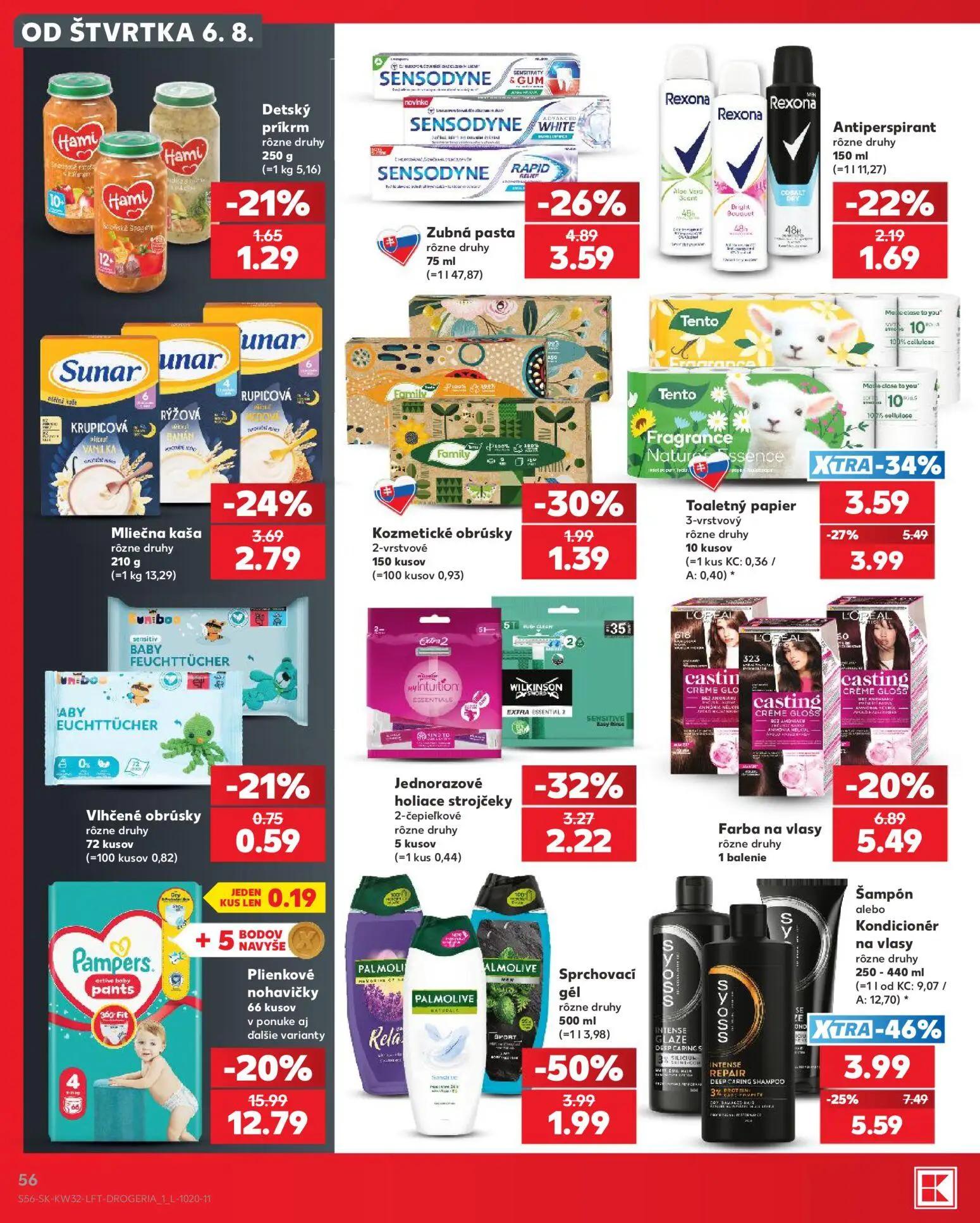 Kaufland leták, strana 56 z 78 — Plienkové nohavičky Pampers pants, Mliečna kaša, Detský príkrm