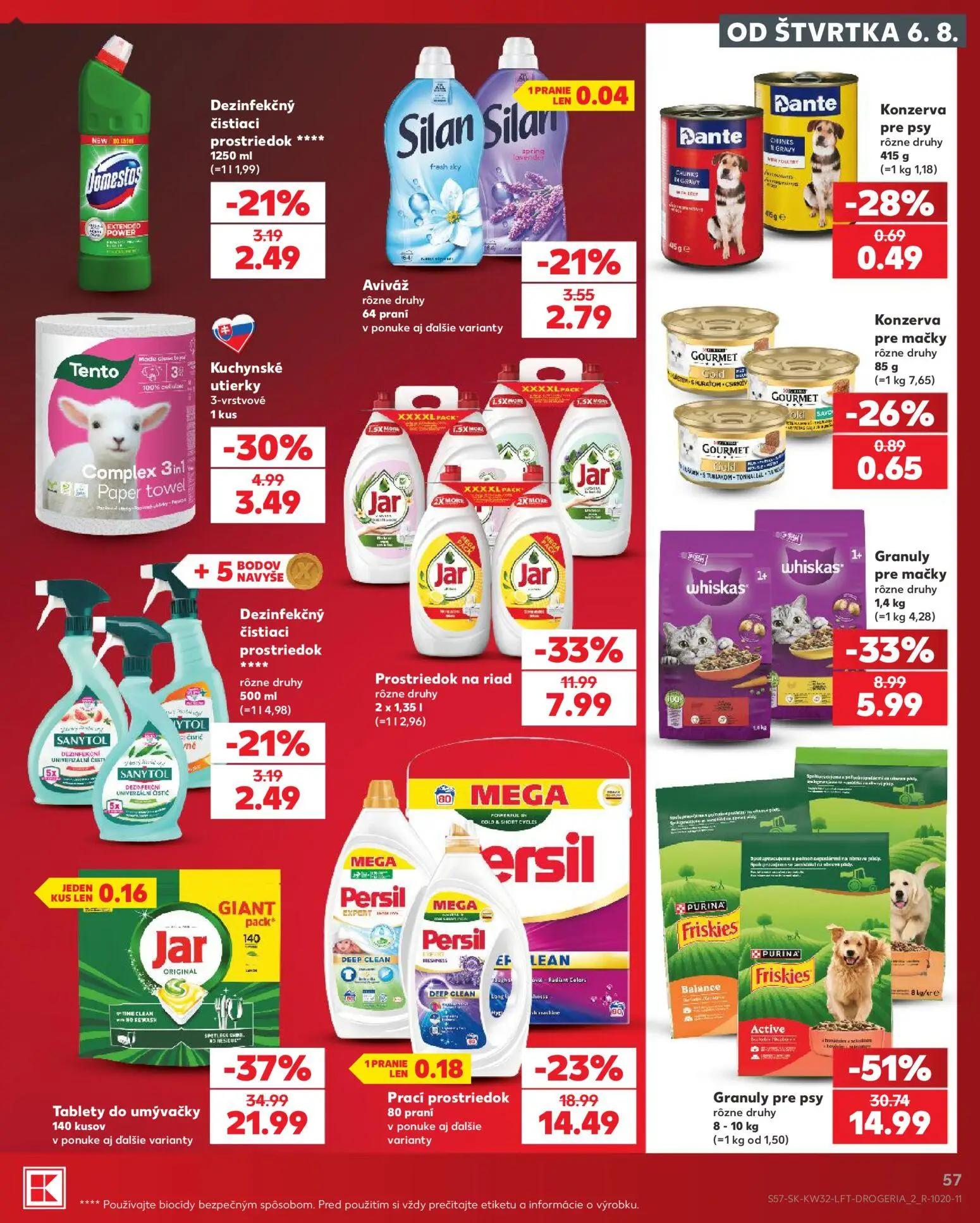 Kaufland leták, strana 57 z 78 — Granuly pre psy Purina Friskies, Tablety do umývačky Jar, Prací prostriedok Persil