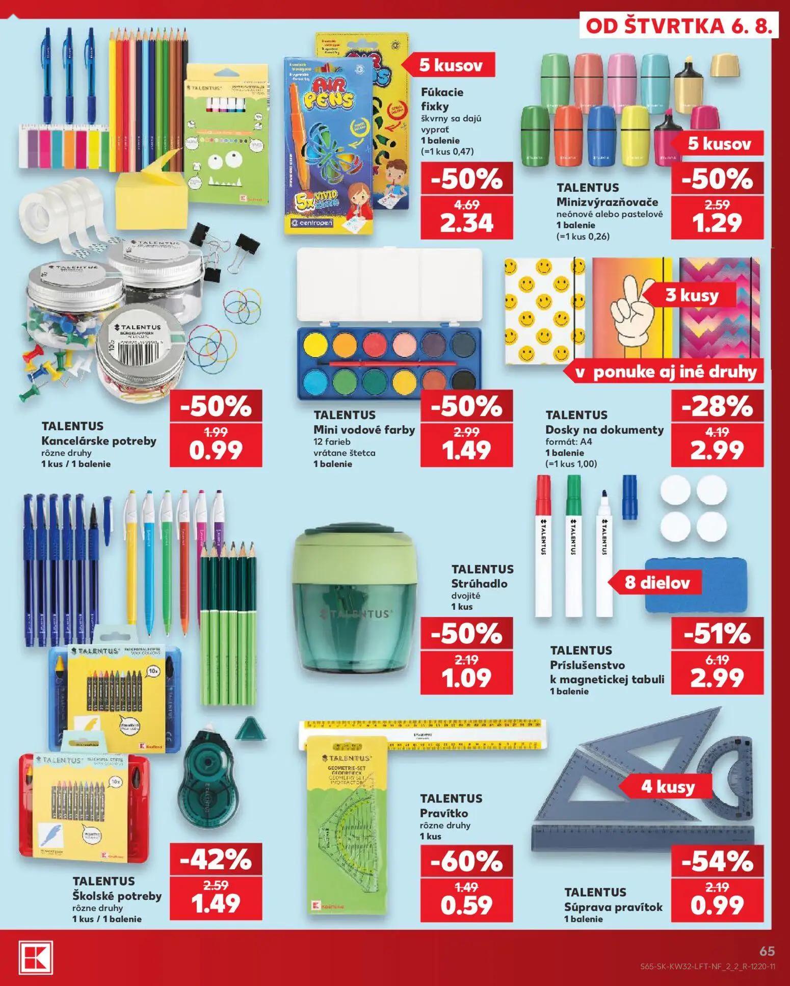 Kaufland leták, strana 65 z 78 — TALENTUS Príslušenstvo k magnetickej tabuli, Fúkacie fixky, TALENTUS Mini vodové farby