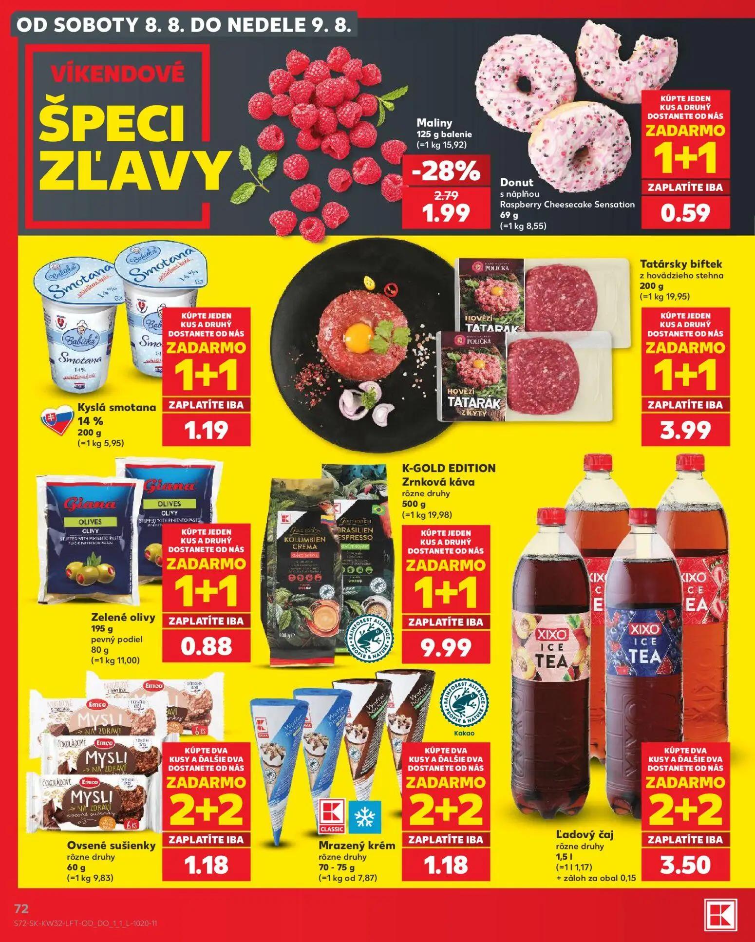 Kaufland leták, strana 72 z 78 — Maliny, Donut s náplňou Raspberry Cheesecake Sensation, Mrazený krém rôzne druhy