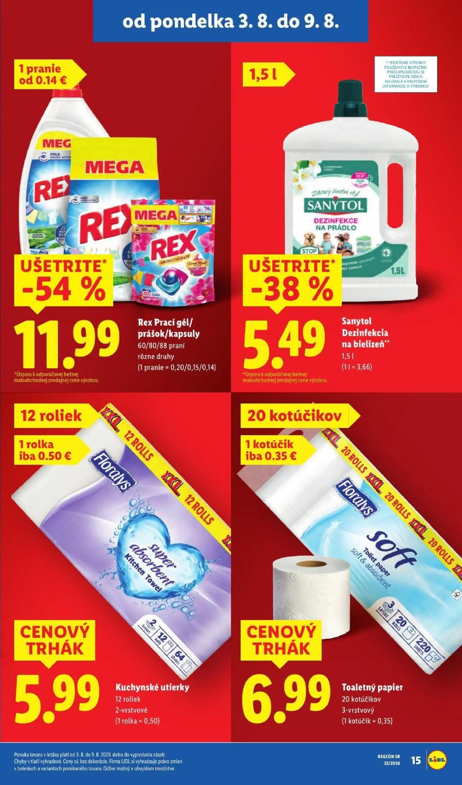 Lidl leták, strana 23 z 95 — Rex Prací gél/ prášok/kapsuly, Sanytol Dezinfekcia na bielizeň, Kuchynské utierky
