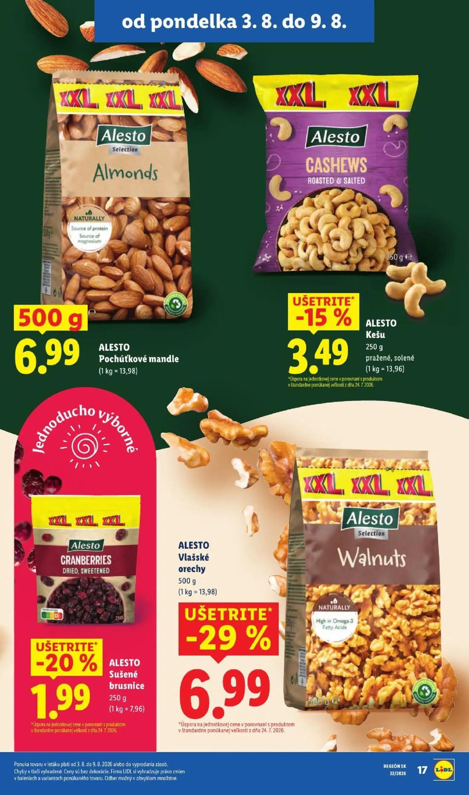 Lidl leták, strana 25 z 95 — Pochúťkové mandle, Kešu pražené, solené, Sušené brusnice