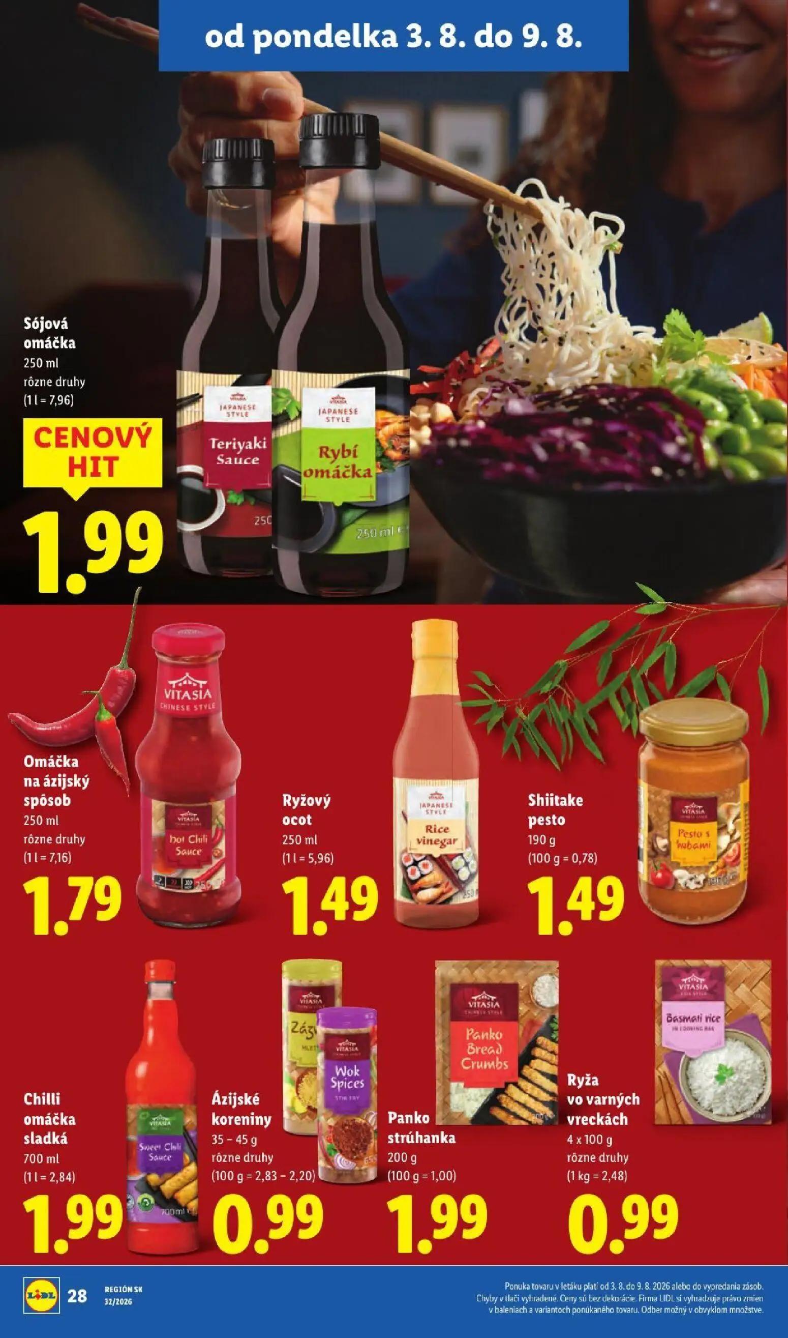 Lidl leták, strana 40 z 95 — Sójová omáčka, Omáčka na ázijský spôsob, Ryžový ocot