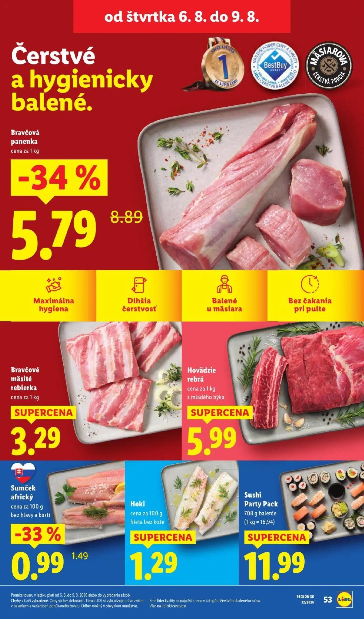Lidl leták, strana 68 z 95 — Bravčová panenka, Sumček africký bez hlavy a kosti, Bravčové mäsité rebierka