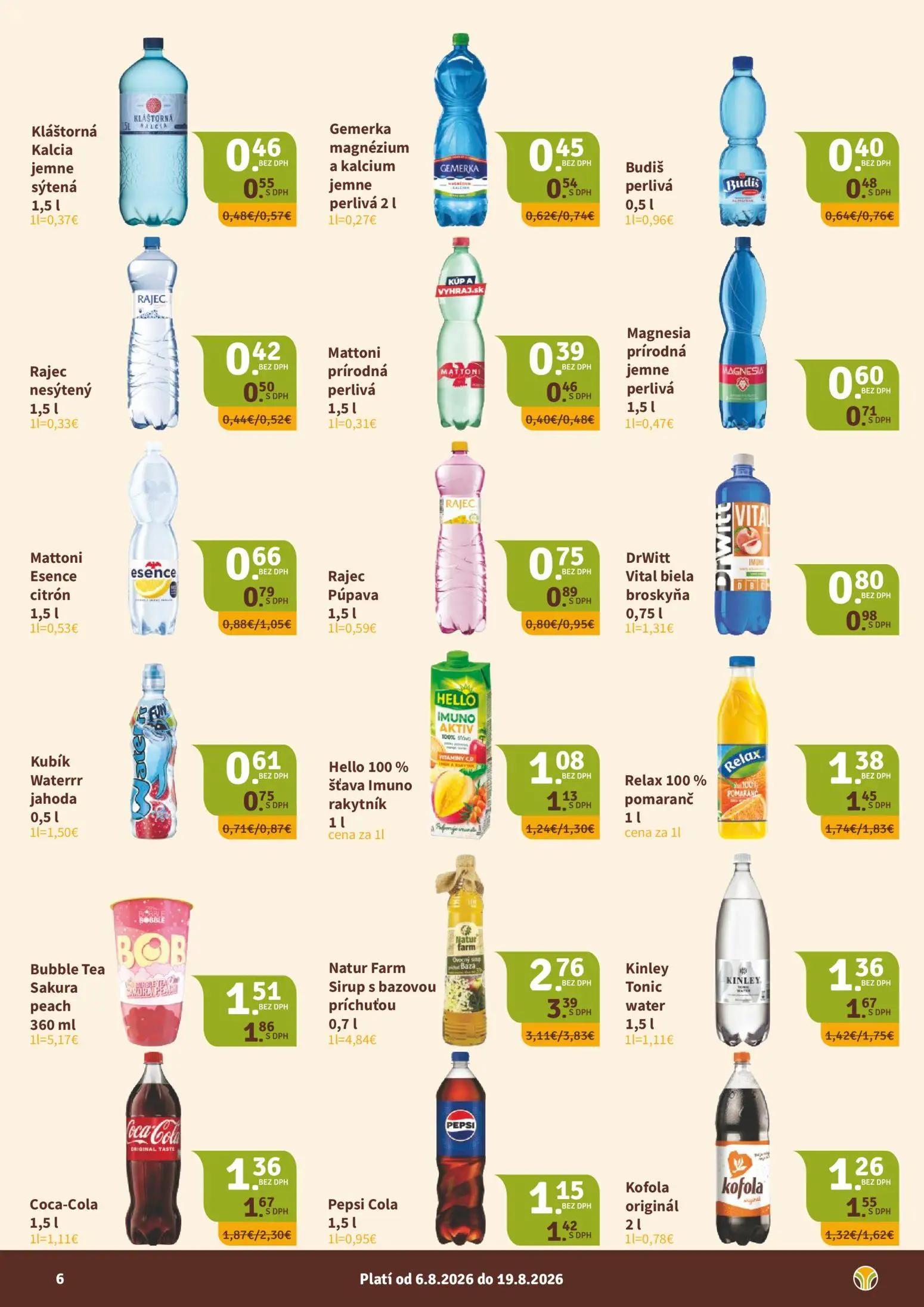 Nitrazdroj leták, strana 6 z 8 — Natur Farm Sirup s bazovou príchuťou, Bubble Tea Sakura peach, Kinley Tonic water