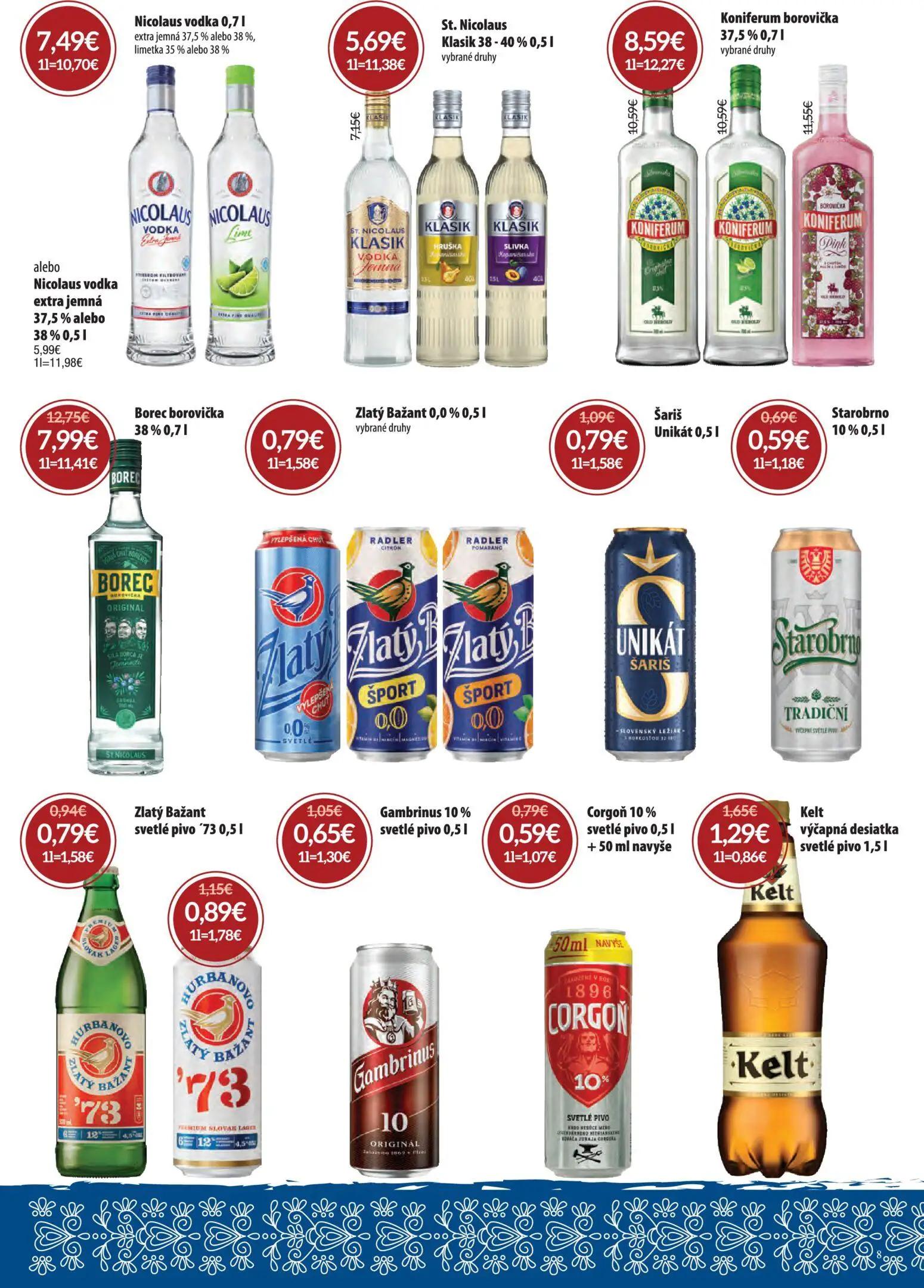 Nitrazdroj leták, strana 8 z 32 — Borec borovička, Gambrinus 10% svetlé pivo, Kelt výčapná desiatka svetlé pivo