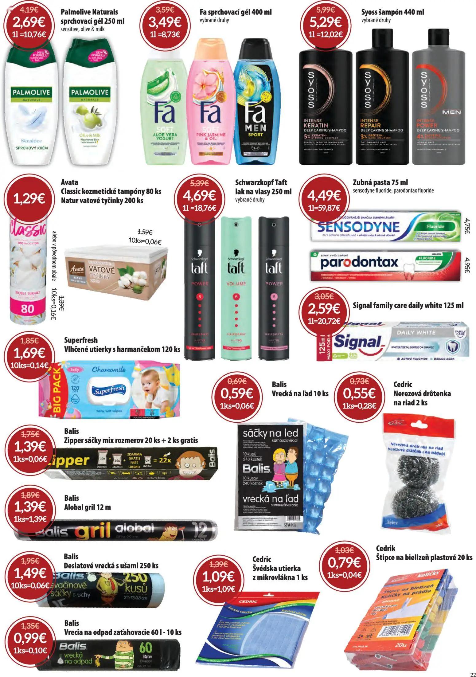 Nitrazdroj leták, strana 22 z 32 — Palmolive Naturals sprchovací gél, Syoss šampón, Schwarzkopf Taft lak na vlasy