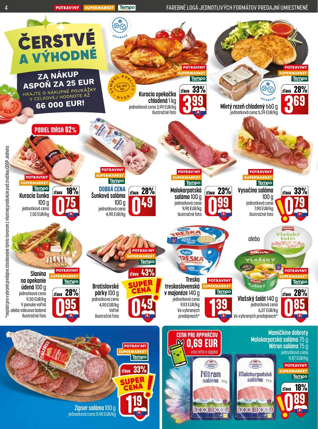 Coop Jednota leták, strana 4 z 28 — Kuracia opekačka chladená, Mletý rezeň chladený, Kuracia šunka