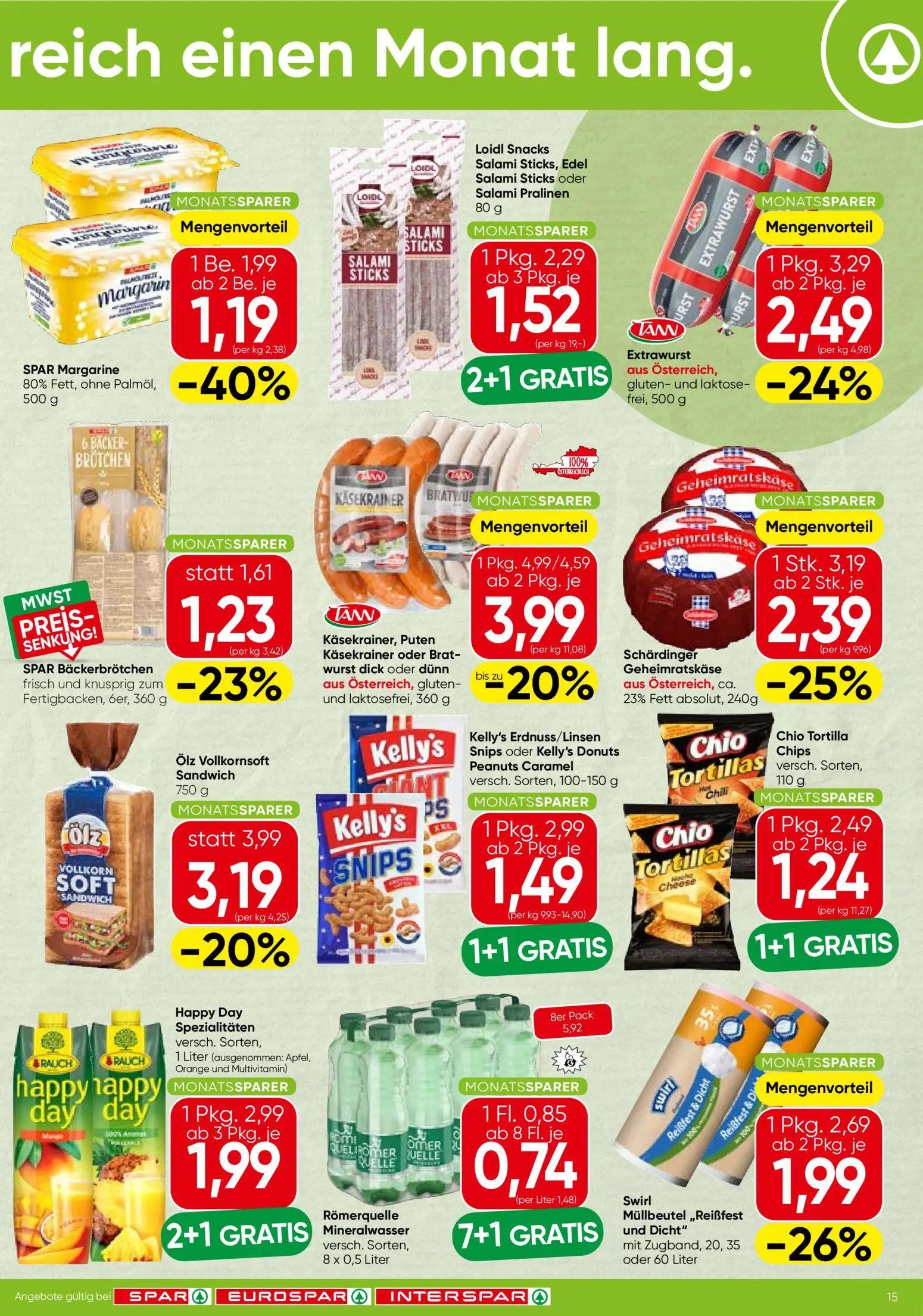 Spar Prospekt, Seite 3 von 3 — Kelly's Erdnuss/Linsen Snips oder Kelly's Donuts Peanuts Caramel, Chio Tortilla Chips, Käsekr…