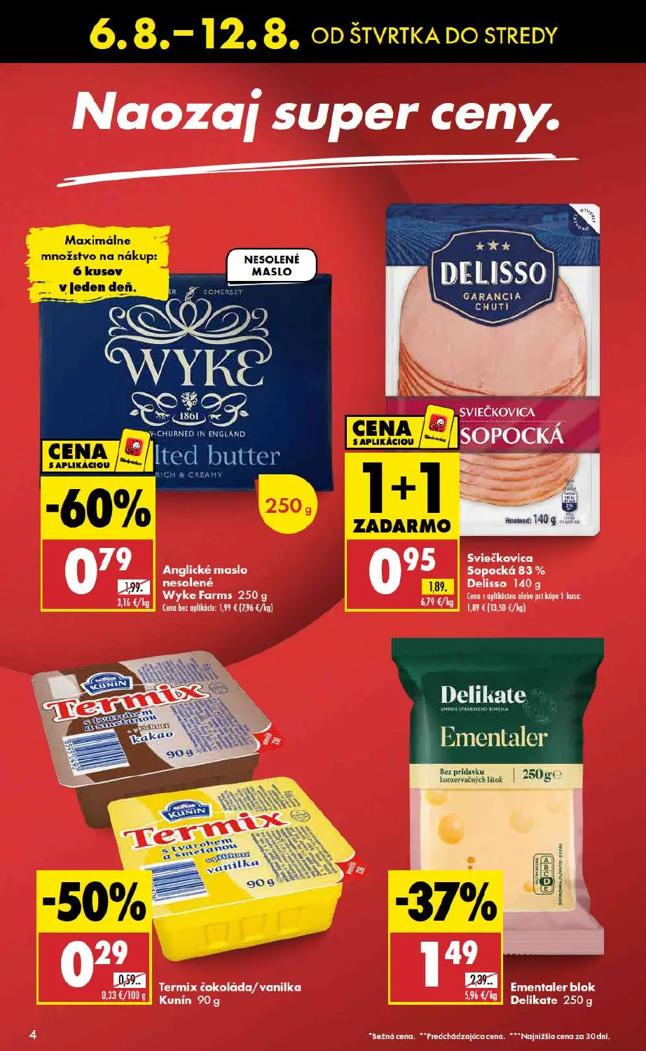 Biedronka leták, strana 4 z 48 — Anglické maslo nesolené Wyke Farms, Sviečkovica Sopocká Delisso, Ementaler blok Delikate