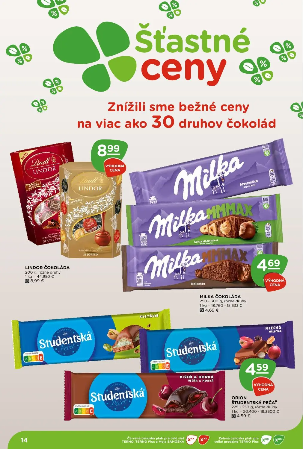 Terno leták, strana 14 z 29 — LINDOR ČOKOLÁDA, MILKA ČOKOLÁDA, ORION ŠTUDENTSKÁ PEČAŤ