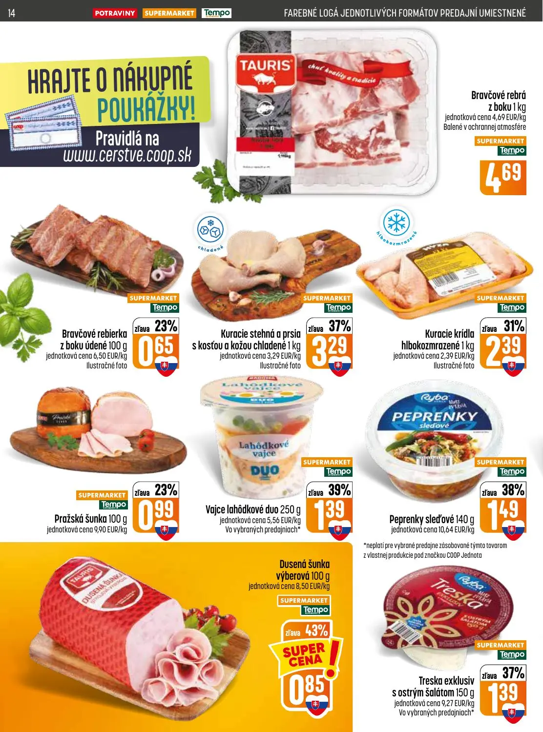 Coop Jednota leták, strana 14 z 28 — Bravčové rebrá z boku, Bravčové rebierka z boku údené, Kuracie stehná a prsia s kosťou …