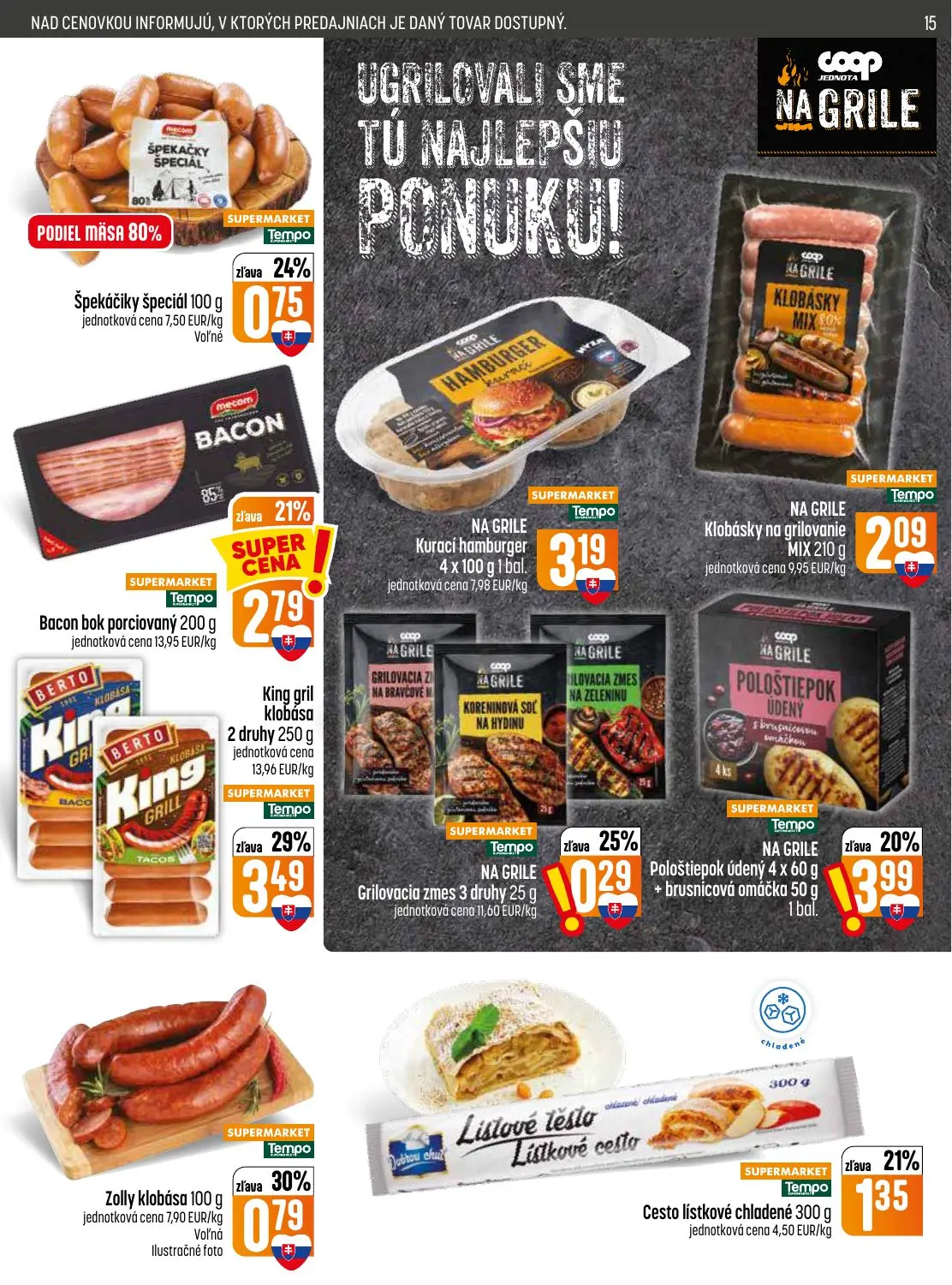 Coop Jednota leták, strana 15 z 28 — Špekáčiky špeciál, Klobásky na grilovanie MIX, King gril klobása