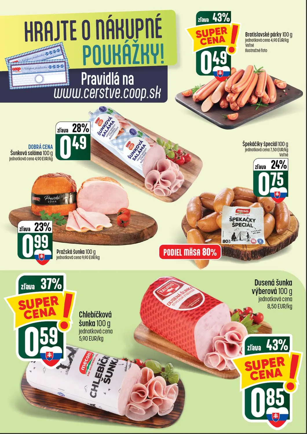 Coop Tempo leták, strana 10 z 56 — Bratislavské párky, Šunková saláma, Špekáčiky špeciál