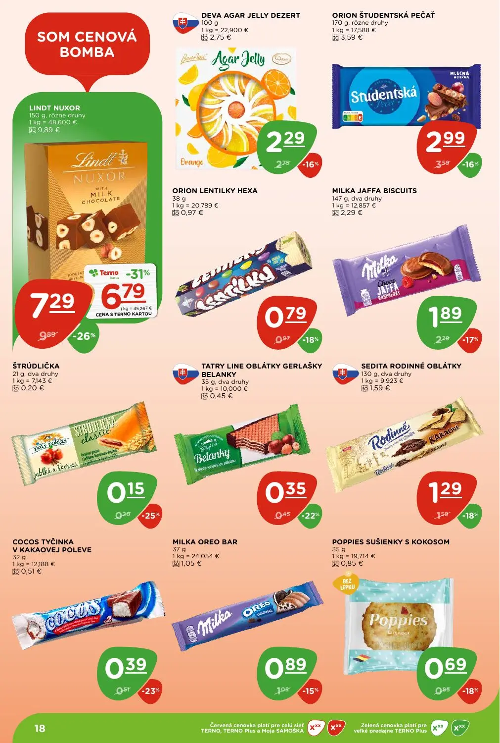 Terno leták, strana 18 z 29 — LINDT NUXOR, ORION ŠTUDENTSKÁ PEČAŤ, DEVA AGAR JELLY DEZERT