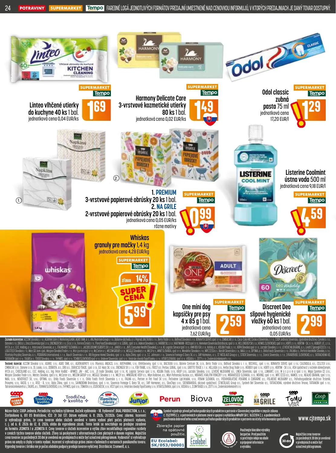 Coop Jednota leták, strana 24 z 28 — Linteo vlhčené utierky do kuchyne, Harmony Delicate Care 3-vrstvové kozmetické utierky,…