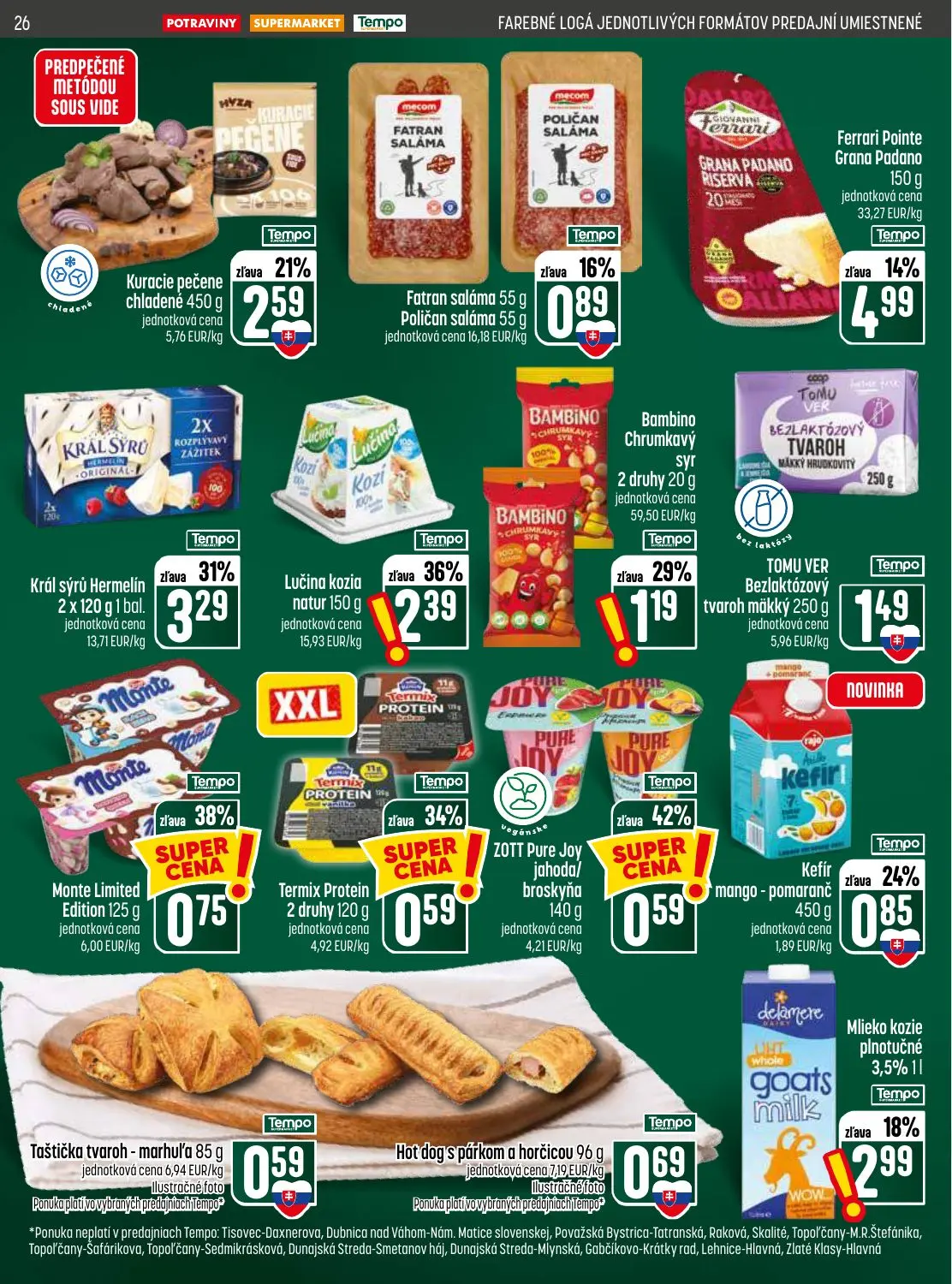 Coop Jednota leták, strana 26 z 28 — Král sýrů Hermelín, Lučina kozia natur, Ferrari Ponte Grana Padano