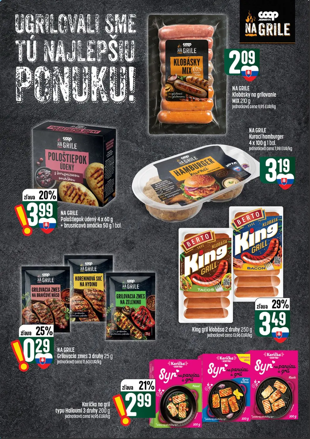 Coop Tempo leták, strana 25 z 56 — Klobásky na grilovanie MIX, Kurací hamburger, Pološtiepok údený s brusnicovou omáčkou