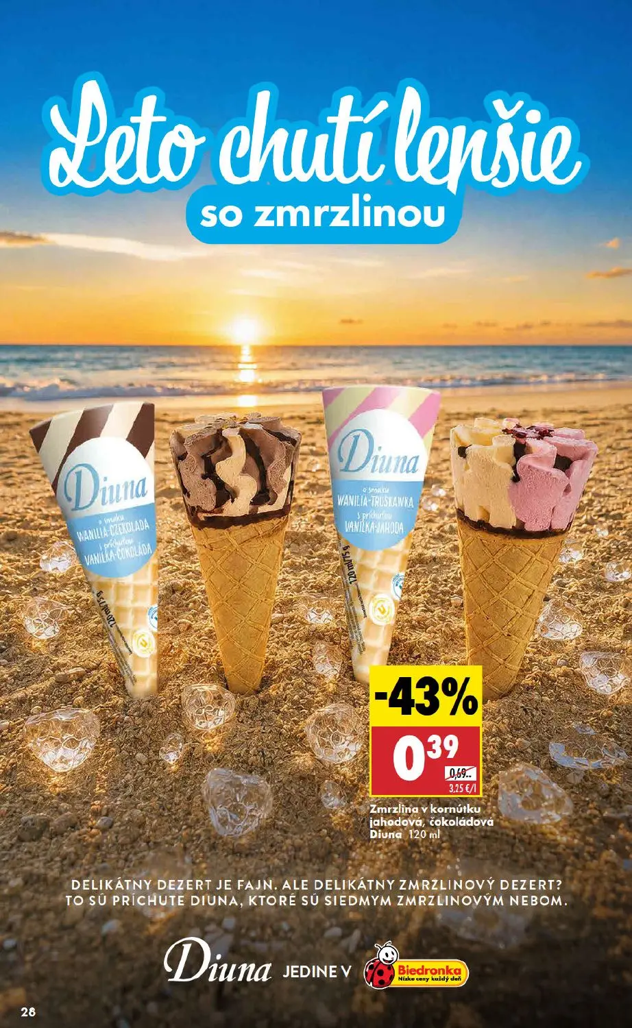 Biedronka leták, strana 28 z 48 — Zmrzlina v kornútku jahodová, čokoládová Diuna