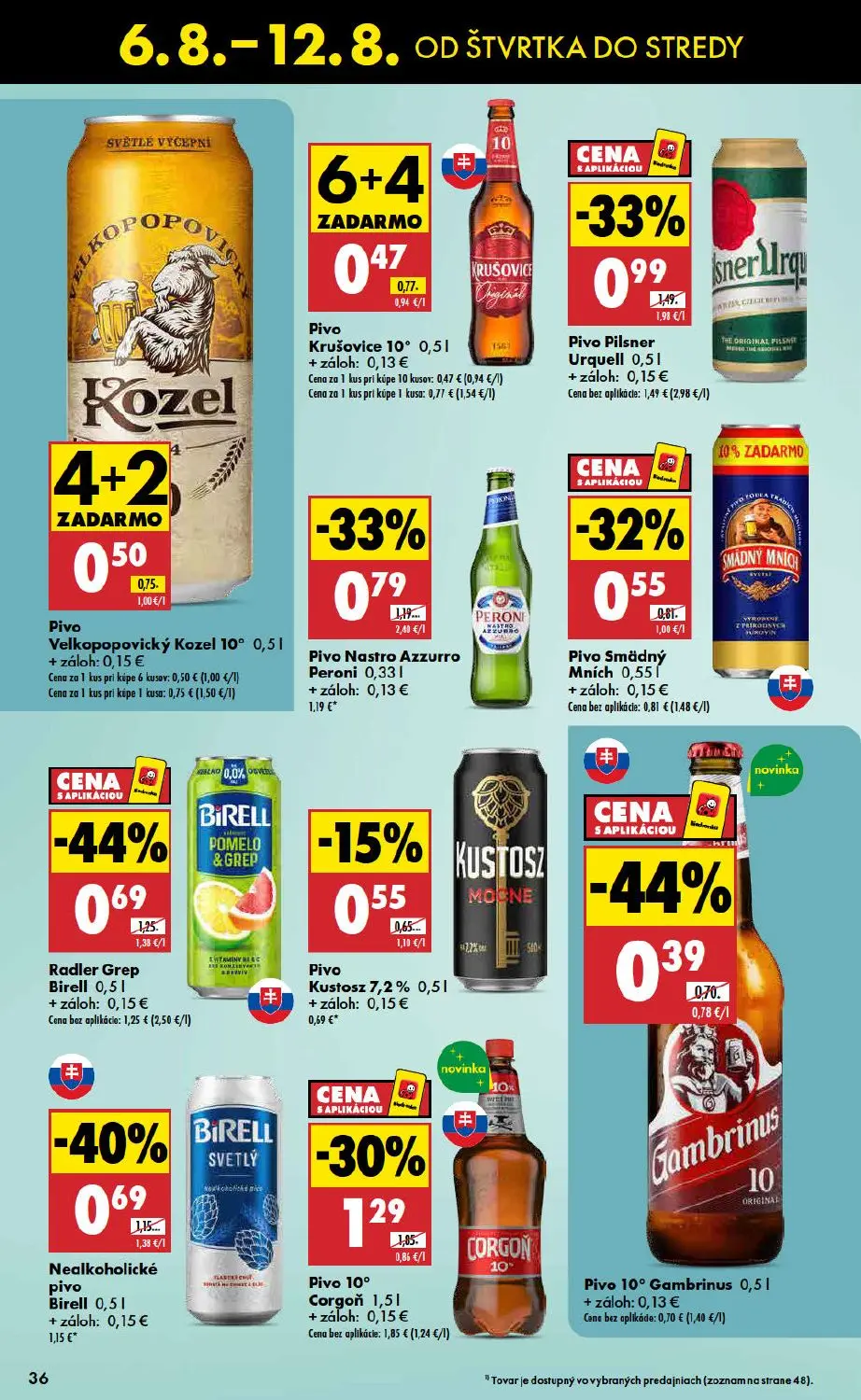 Biedronka leták, strana 36 z 48 — Radler Grep Birell, Pivo 10° Corgoň, Pivo Pilsner Urquell